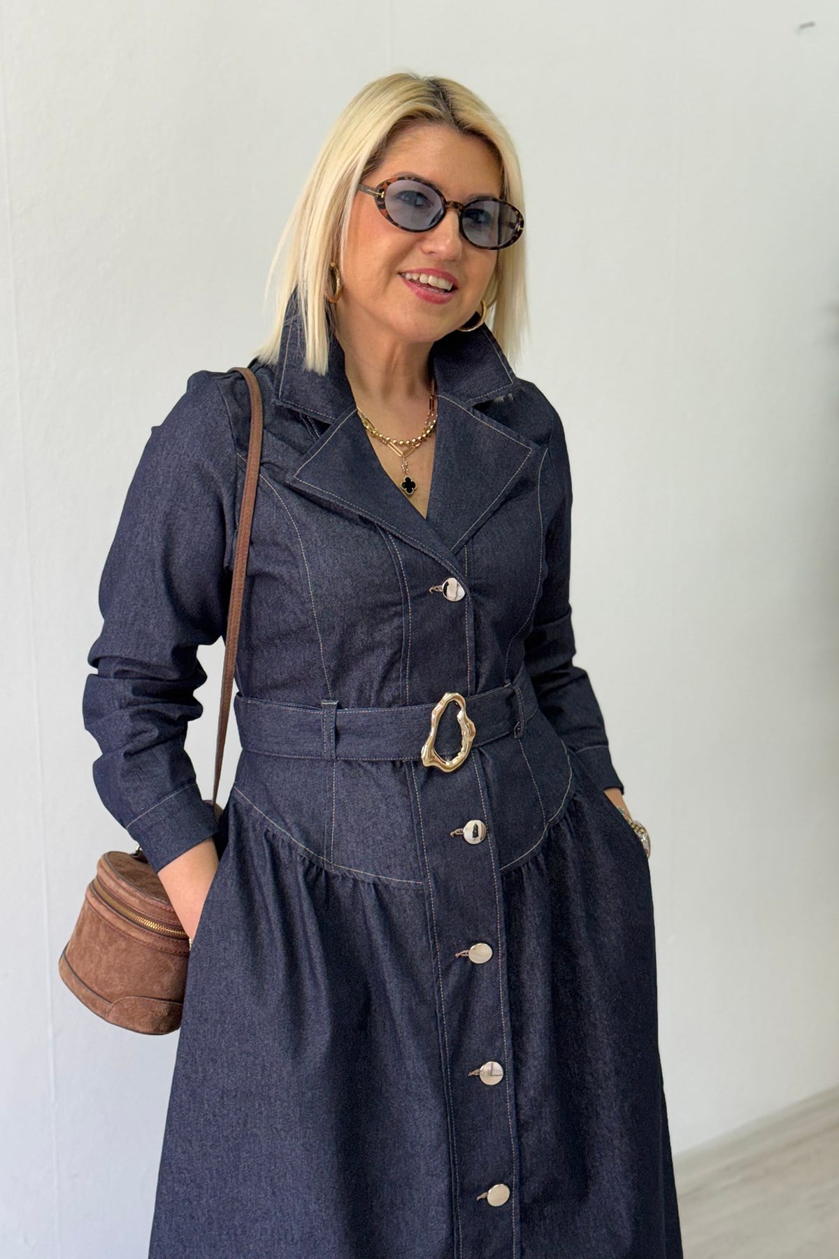 Mavi Denim Metal Düğmeli Lycralı Kemerli ElbiseELB26001015-MAVI-S