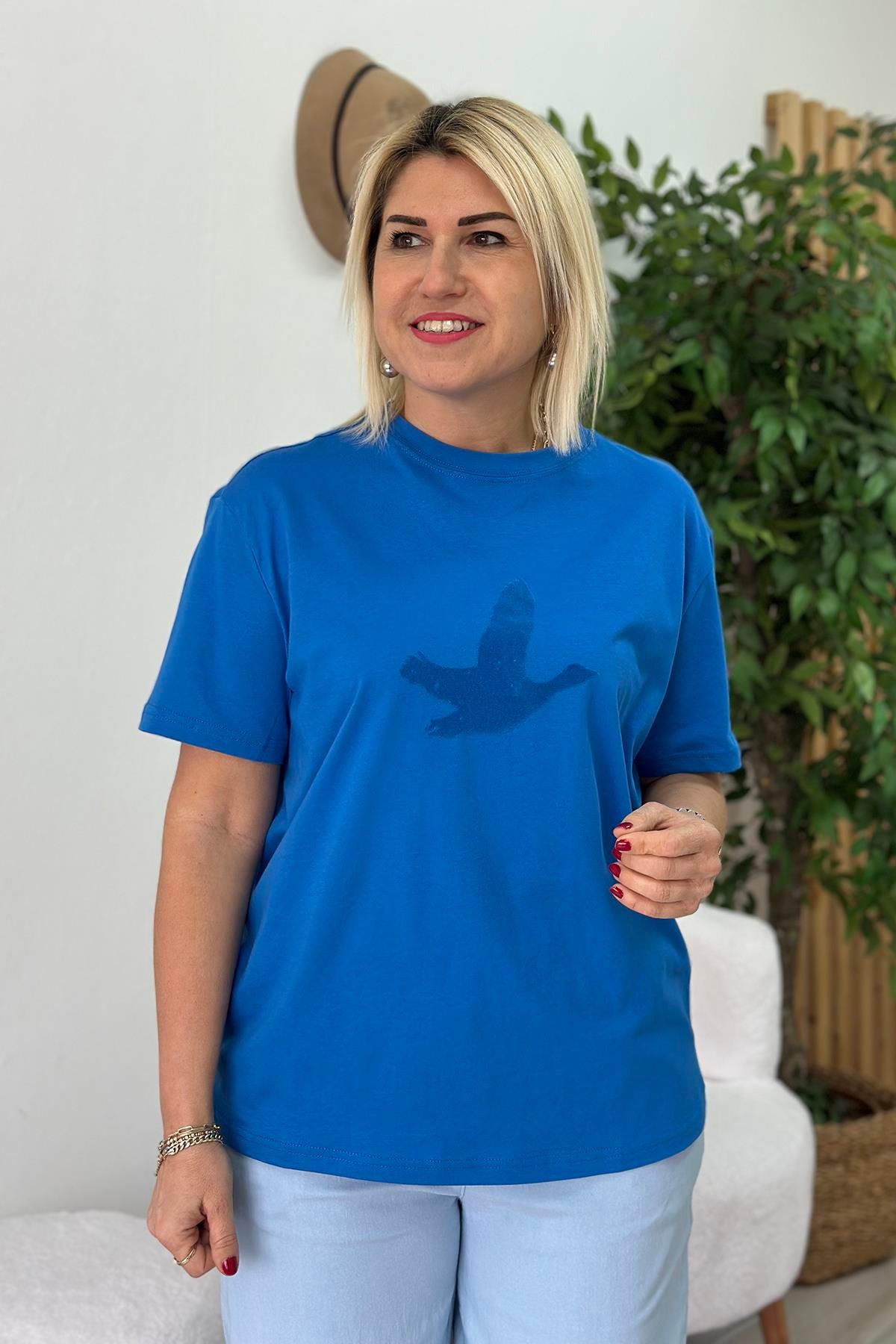 Mavi Flok Baskı Cotton TShirtUTS25002060-MAVI-S