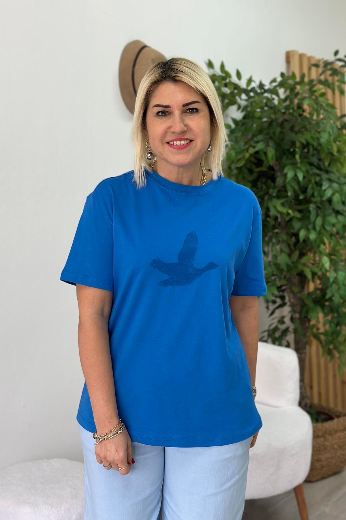 Mavi Flok Baskı Cotton TShirtUTS25002060-MAVI-S