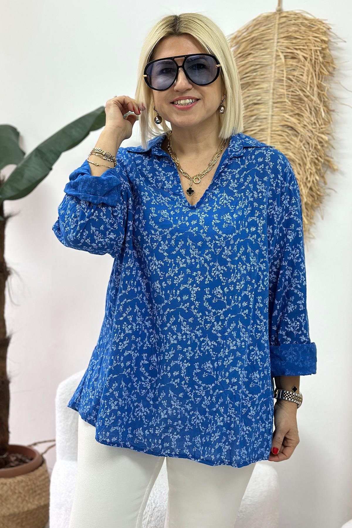 Mavi Gömleği Desenli Cotton BluzUBL2412232-MAVI-STD