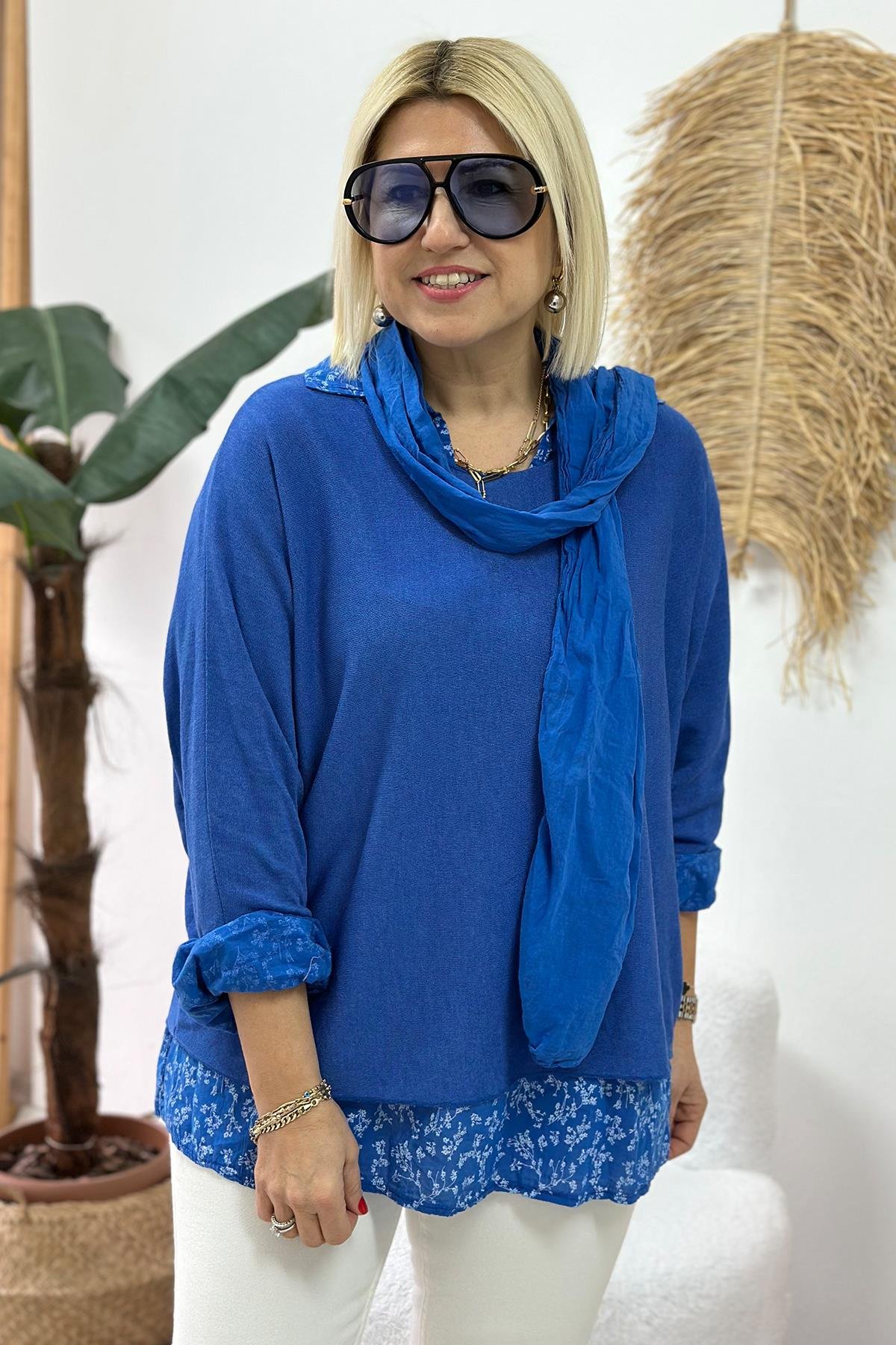 Mavi Gömleği Desenli Cotton BluzUBL2412232-MAVI-STD