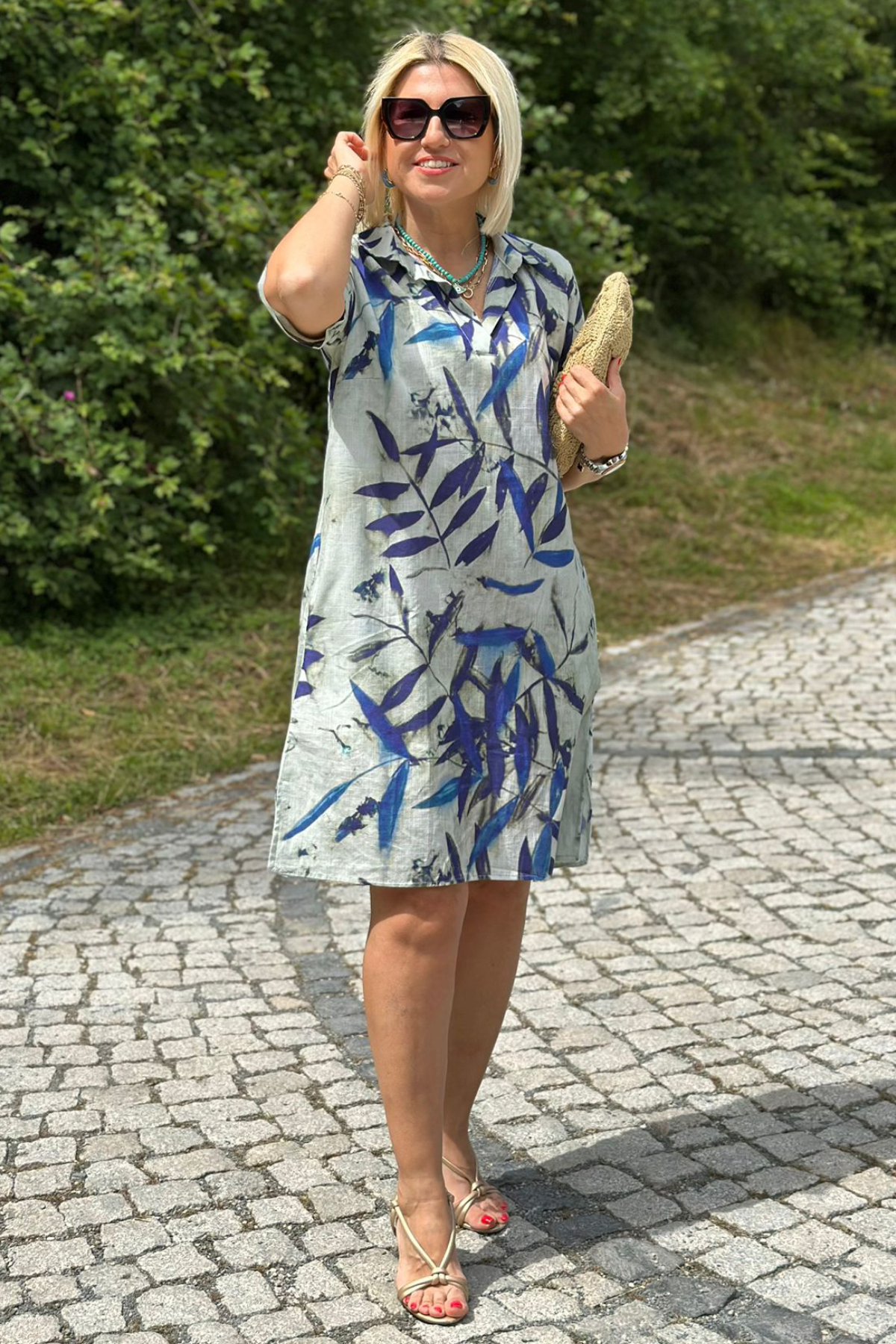 Mavi Gömlek Yaka Yaprak Desen Cotton ElbiseUK22321211186-MAVI-S