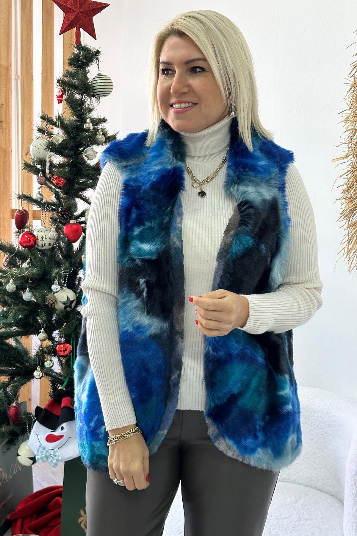 Mavi İthal Desenli Kürk YelekDY24121810-MAVI-STD