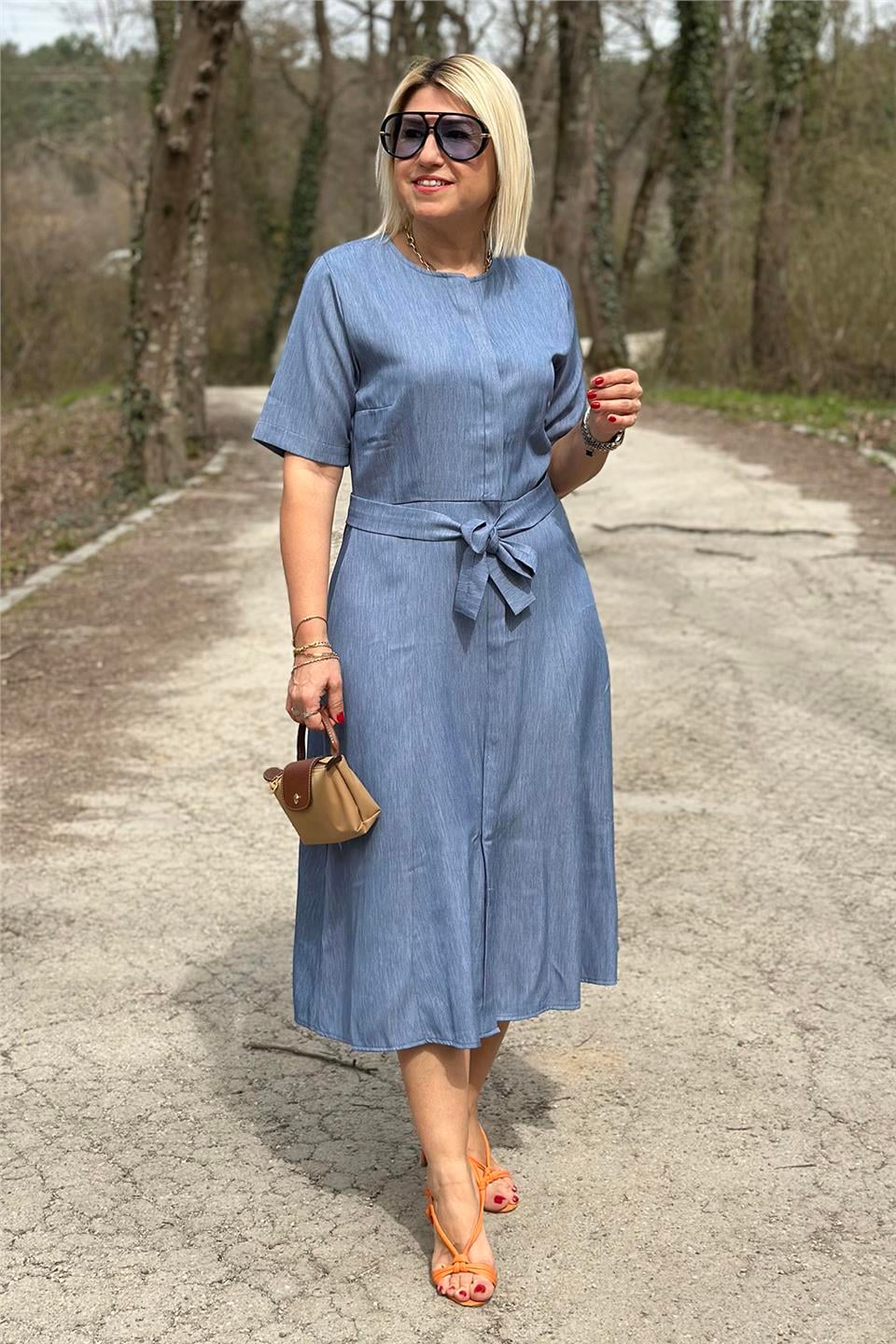 Mavi Kuşaklı Tansel Denim Gömlek ElbiseELB2401223-MAVI-S