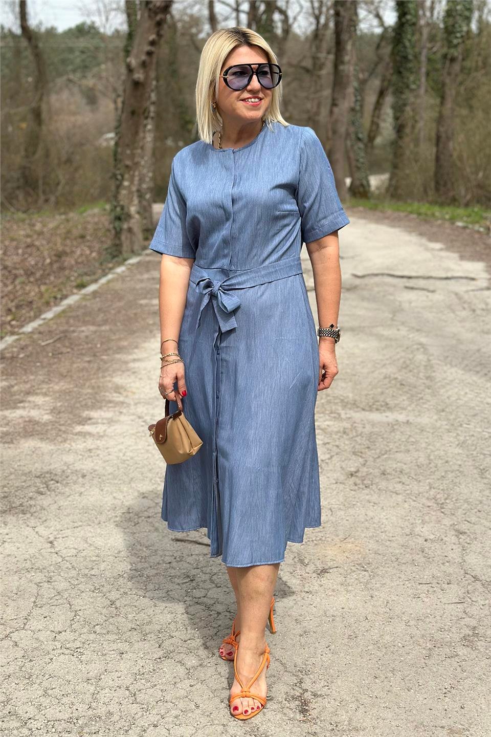 Mavi Kuşaklı Tansel Denim Gömlek ElbiseELB2401223-MAVI-S