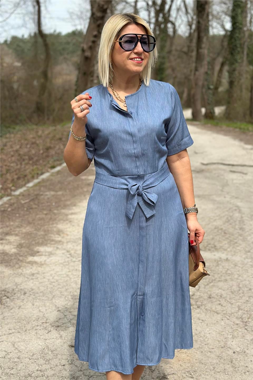 Mavi Kuşaklı Tansel Denim Gömlek ElbiseELB2401223-MAVI-S