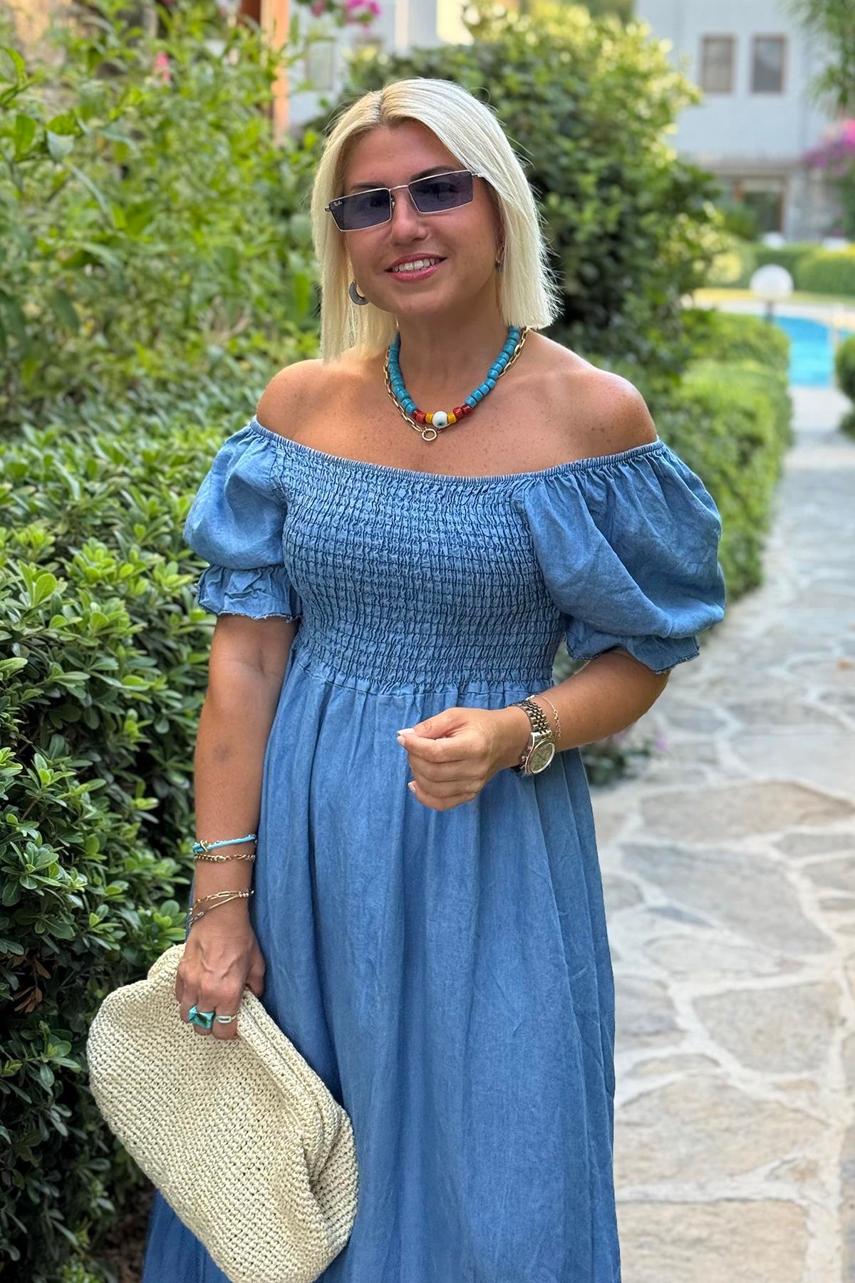 Mavi Madonna Yaka Lastikli Gipeli Uzun Denim ElbiseELB2401330-MAVI-STD