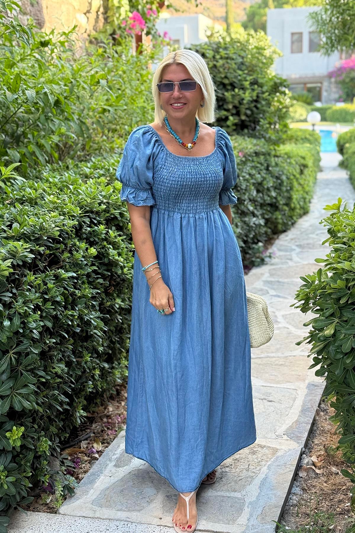Mavi Madonna Yaka Lastikli Gipeli Uzun Denim ElbiseELB2401330-MAVI-STD
