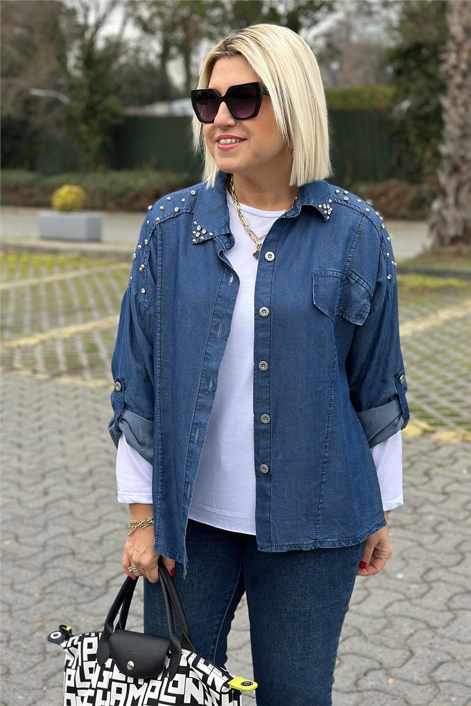 Mavi Omuzları Taş İşlemi İnce Kot GömlekUG02412103-MAVI-STD