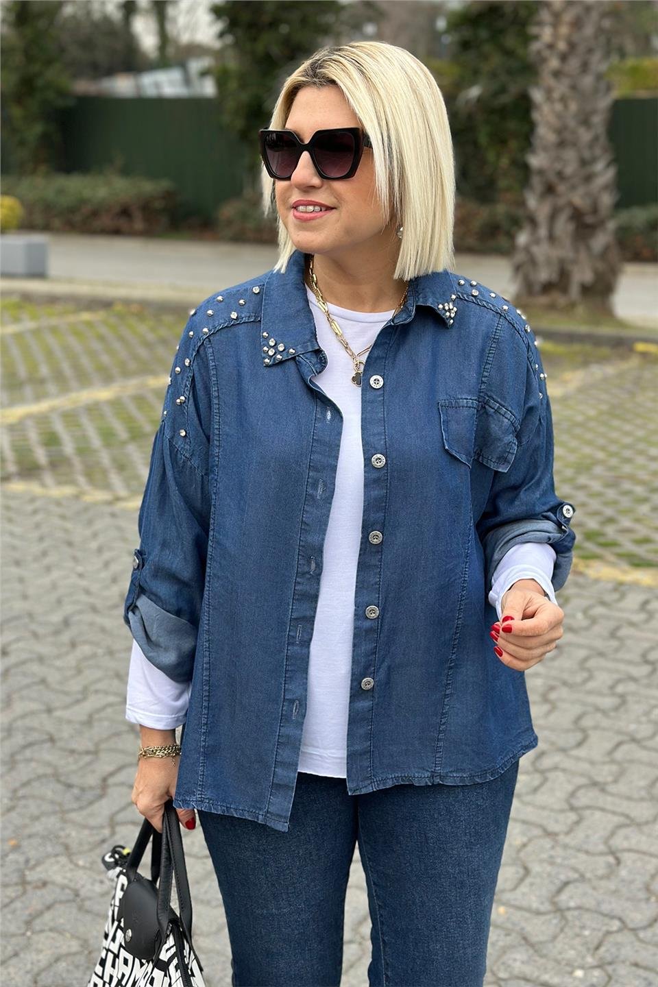 Mavi Omuzları Taş İşlemi İnce Kot GömlekUG02412103-MAVI-STD