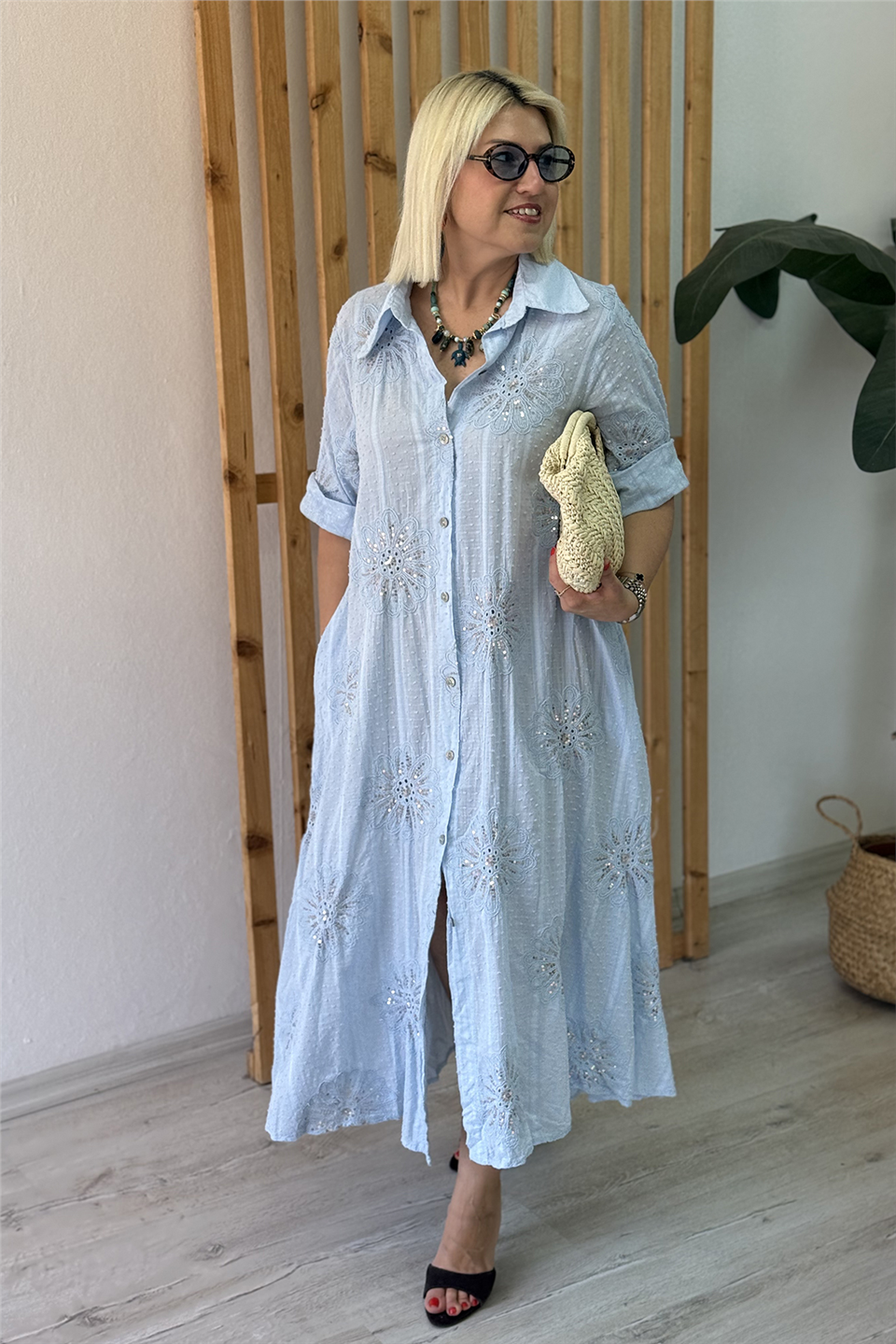 Mavi Parizantem Desen Pullu İthal Pamuk Gömlek ElbiseELB26001044-MAVI-STD