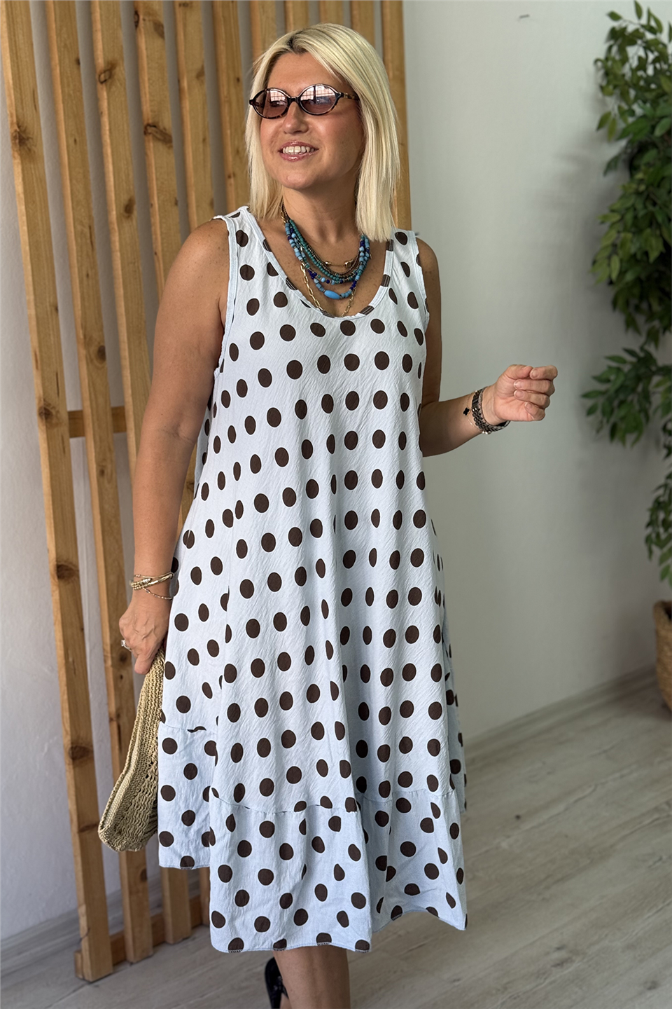 Mavi Puantiyeli Sıfır Kol Pamuk ElbiseELB26001085-MAVI-STD