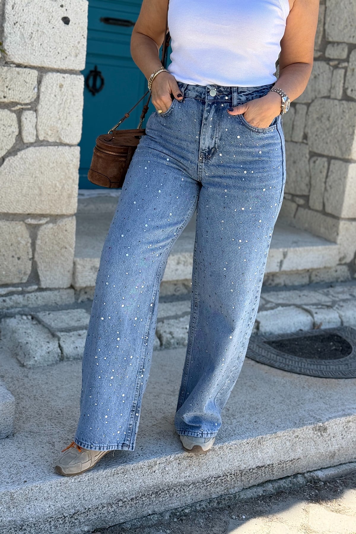 Mavi Taşlı Bol Paça Kot PantolonAPNT20250968-MAVI-XS