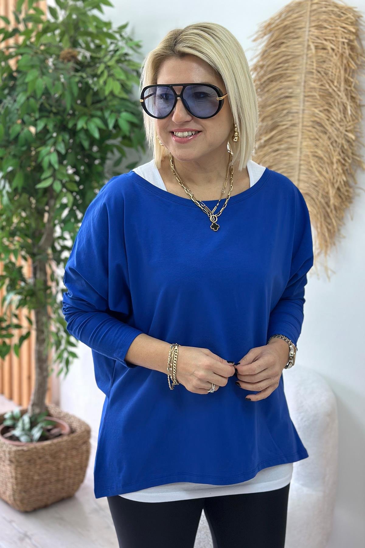 Mavi Tshirt Detaylı İkili Penye BluzUBL2412228-MAVI-S