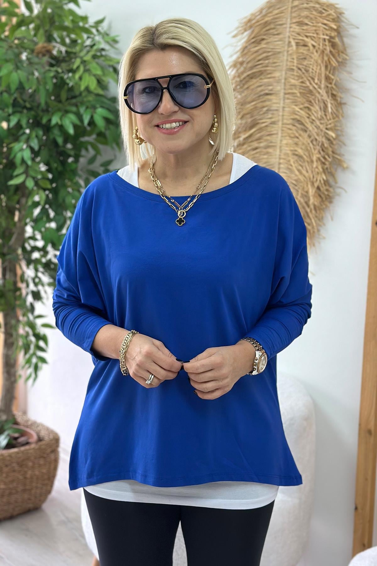 Mavi Tshirt Detaylı İkili Penye BluzUBL2412228-MAVI-S