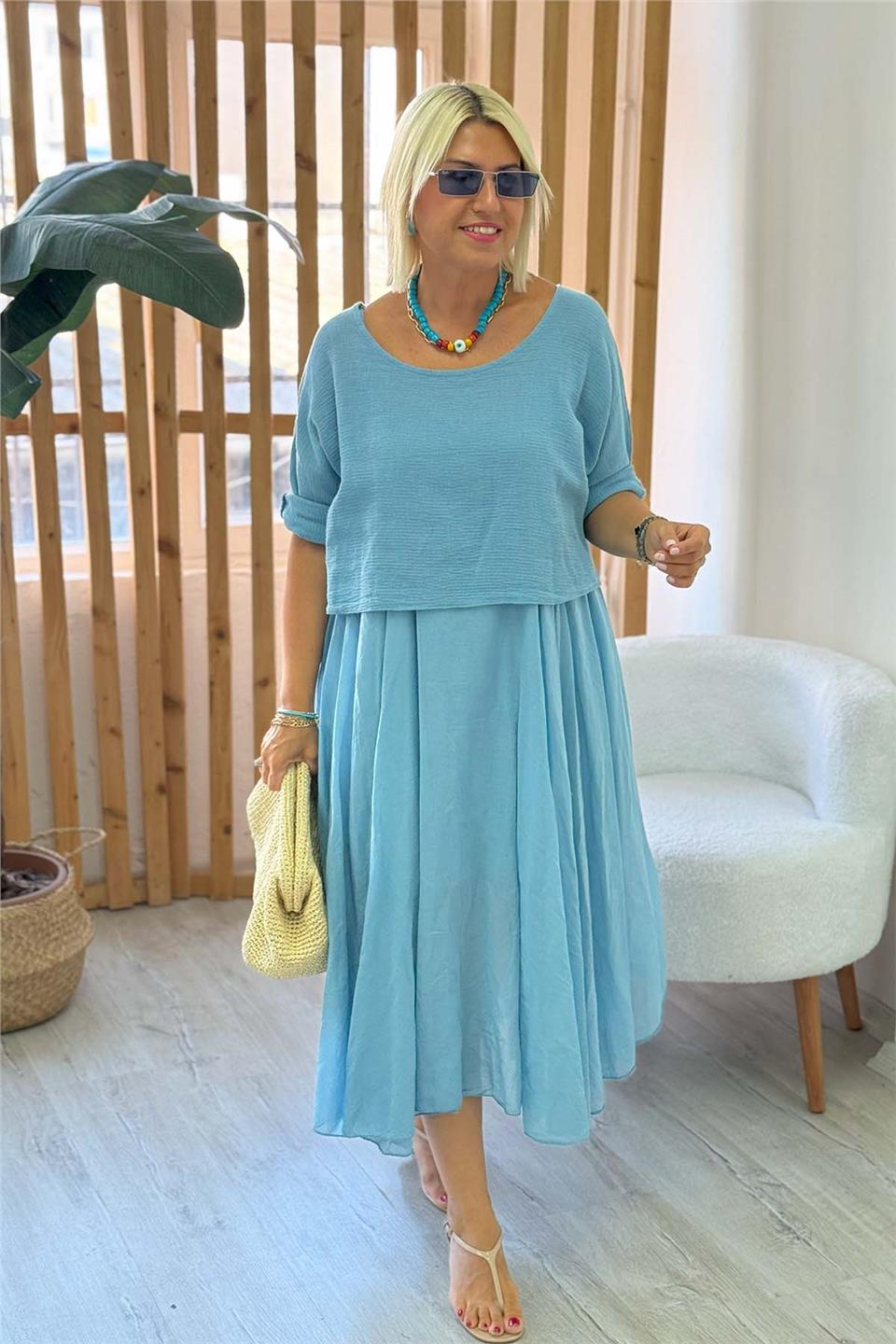 Mavi Verev Kesim Pamuk Askılı İçi Astarlı Belerolu ElbiseELB2401347-MAVI-STD