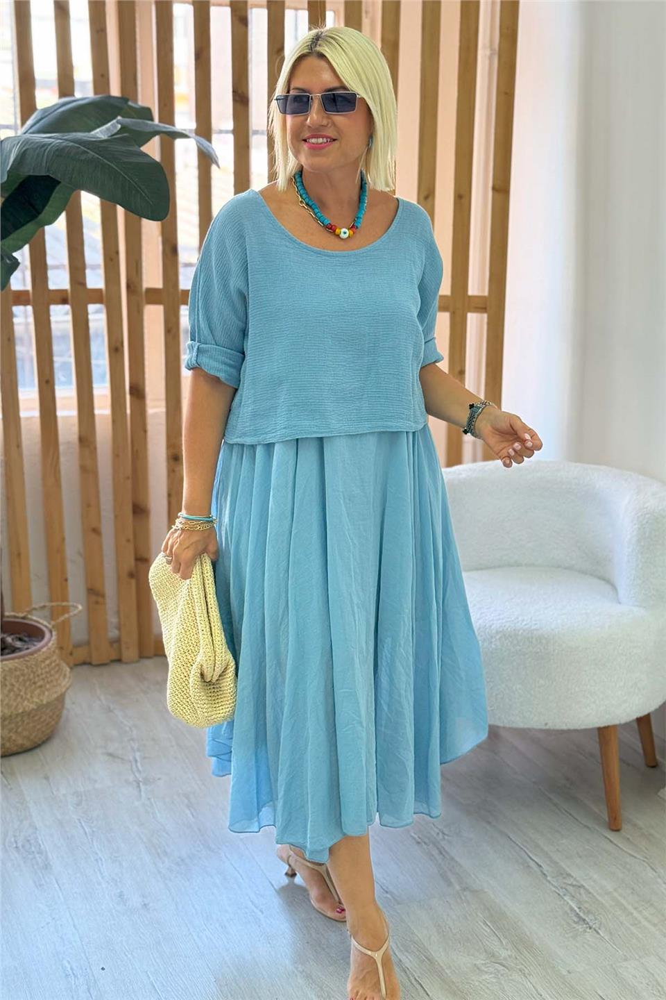 Mavi Verev Kesim Pamuk Askılı İçi Astarlı Belerolu ElbiseELB2401347-MAVI-STD