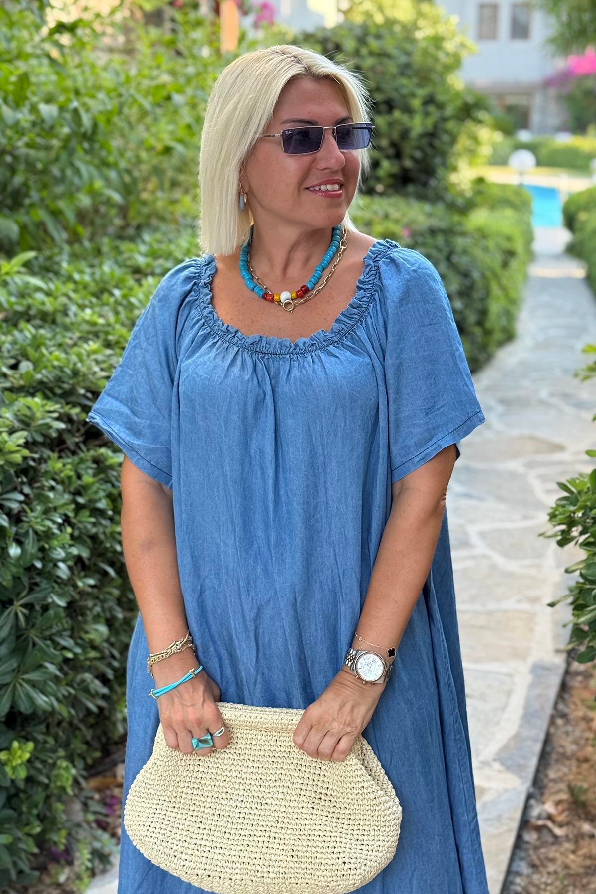 Mavi Yakası Lastikli Uzun Denim ElbiseELB2401331-MAVI-STD