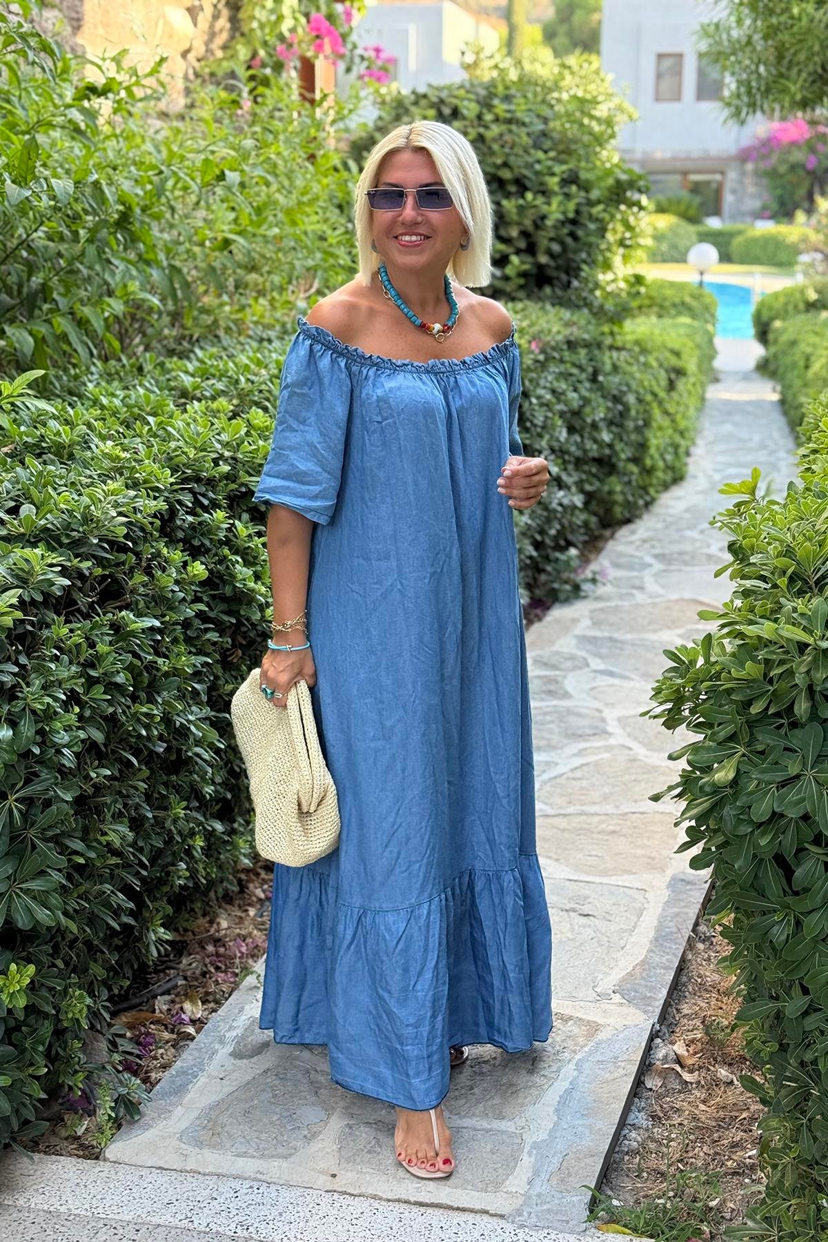 Mavi Yakası Lastikli Uzun Denim ElbiseELB2401331-MAVI-STD