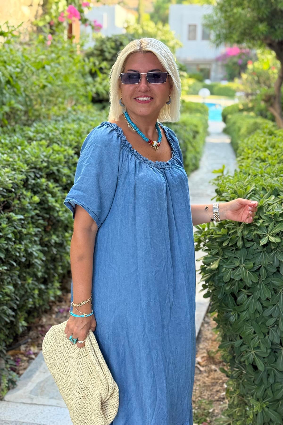 Mavi Yakası Lastikli Uzun Denim ElbiseELB2401331-MAVI-STD