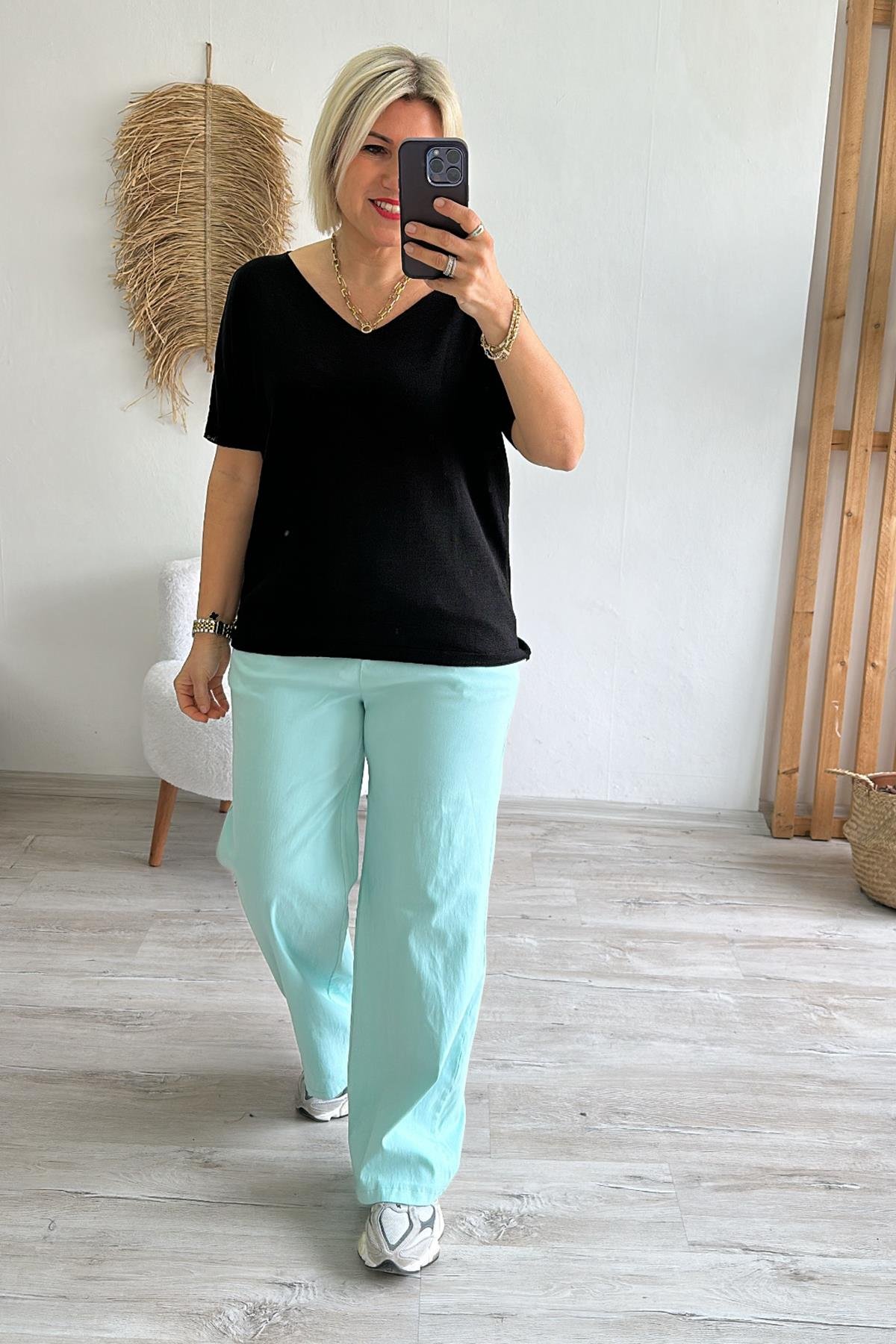 Mint Yeşili Beli Lastikli Bol Paça Full Lycralı PantolonUK224048114-MINTYESIL-STD