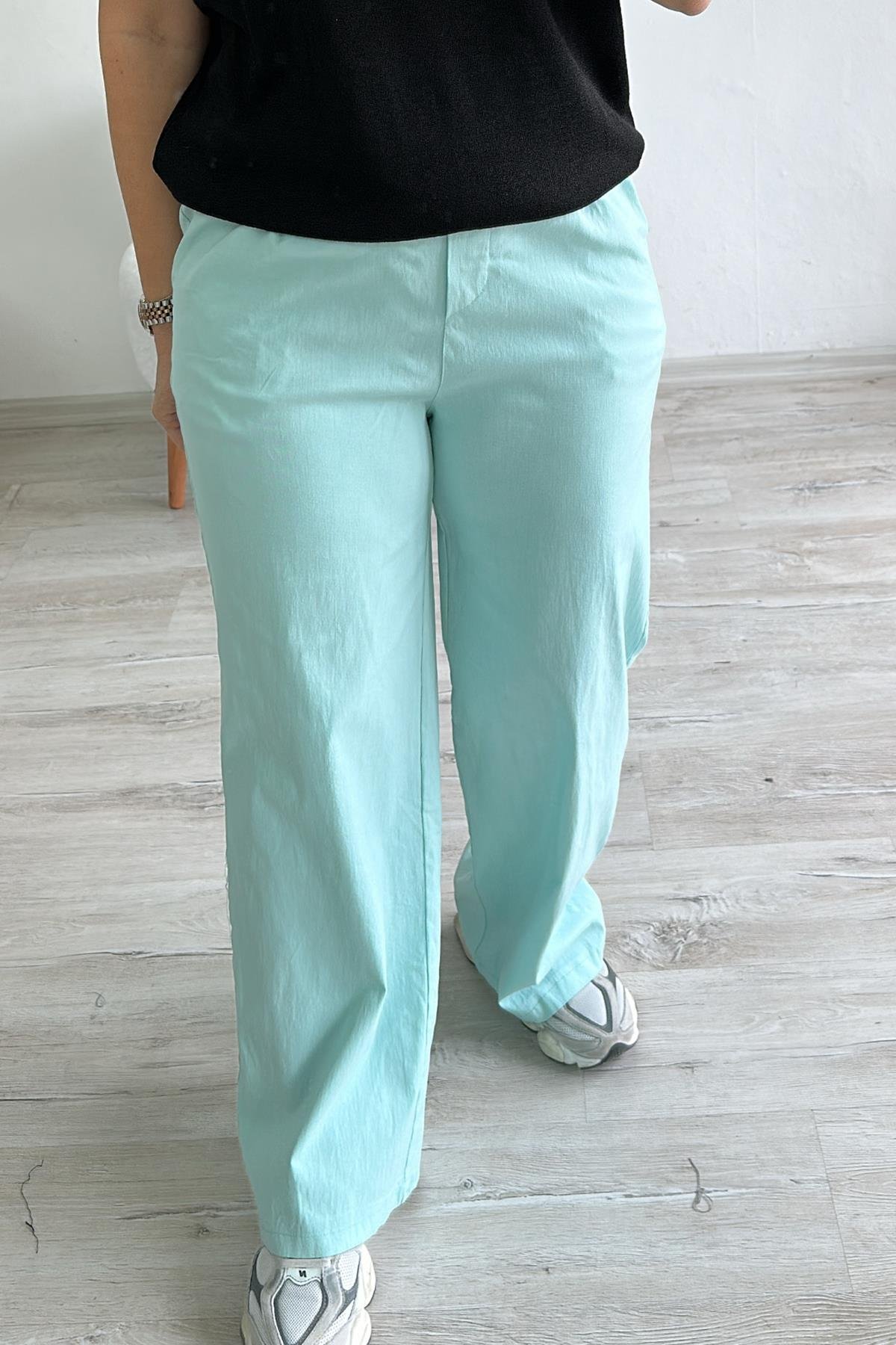 Mint Yeşili Beli Lastikli Bol Paça Full Lycralı PantolonUK224048114-MINTYESIL-STD
