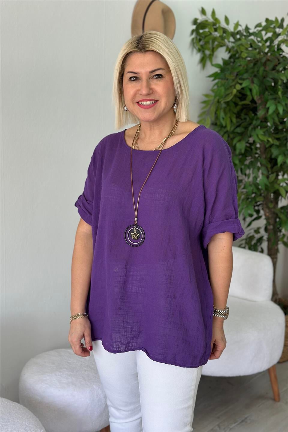 Mor Bisiklet Yaka Kolyeli Keten BluzUBL2412236-MOR-STD