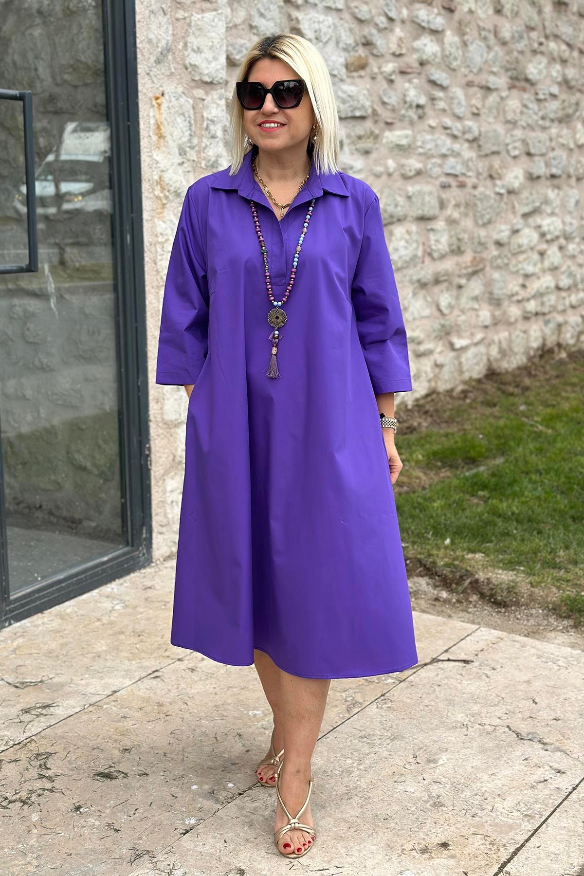 Mor Polo Yaka Salaş Cotton Çift Cepli ElbiseELB2401230-MOR-S