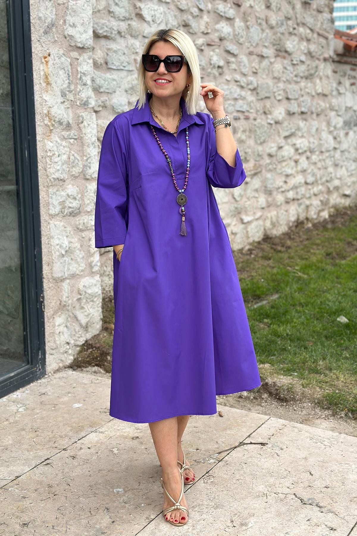 Mor Polo Yaka Salaş Cotton Çift Cepli ElbiseELB2401230-MOR-S
