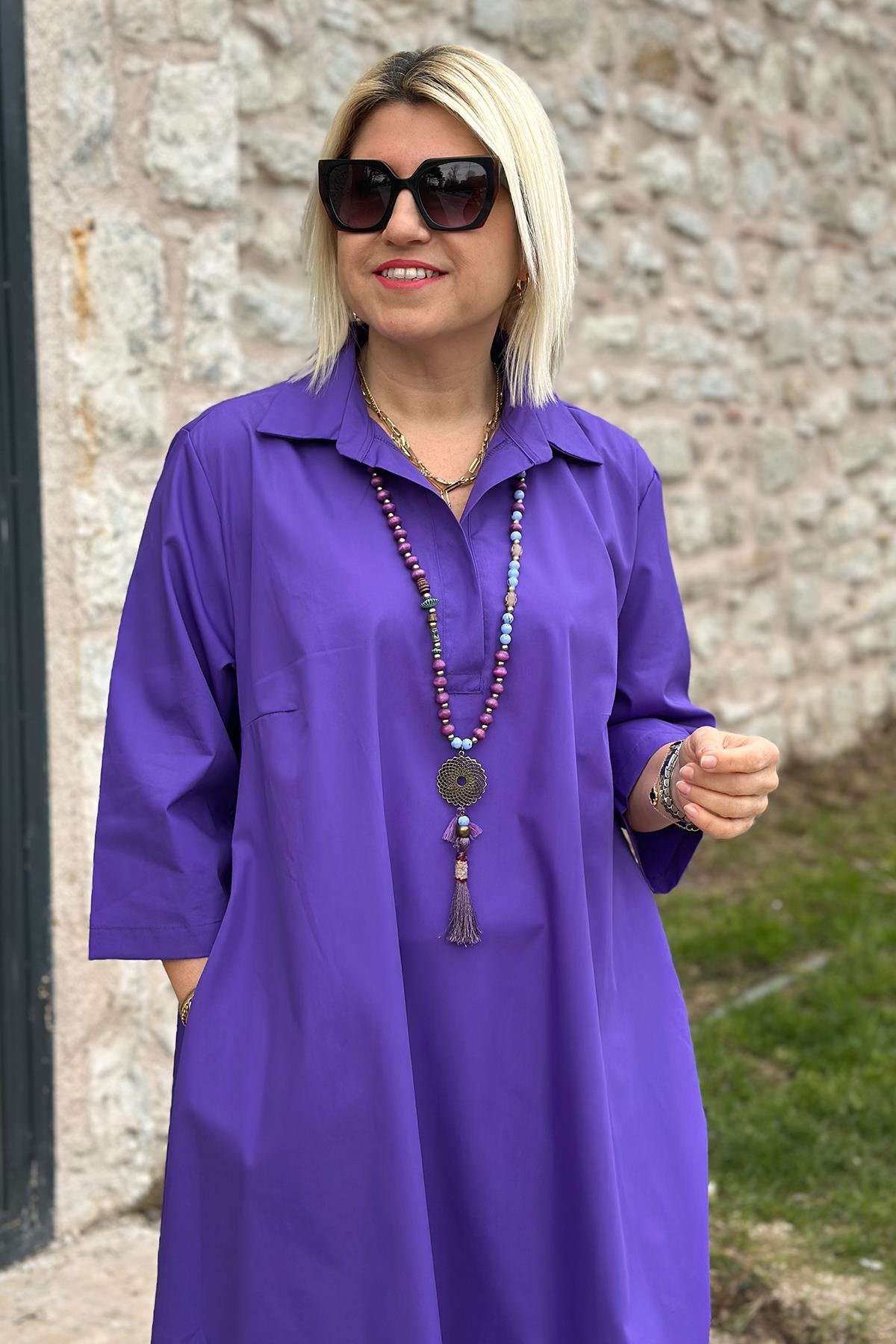 Mor Polo Yaka Salaş Cotton Çift Cepli ElbiseELB2401230-MOR-S
