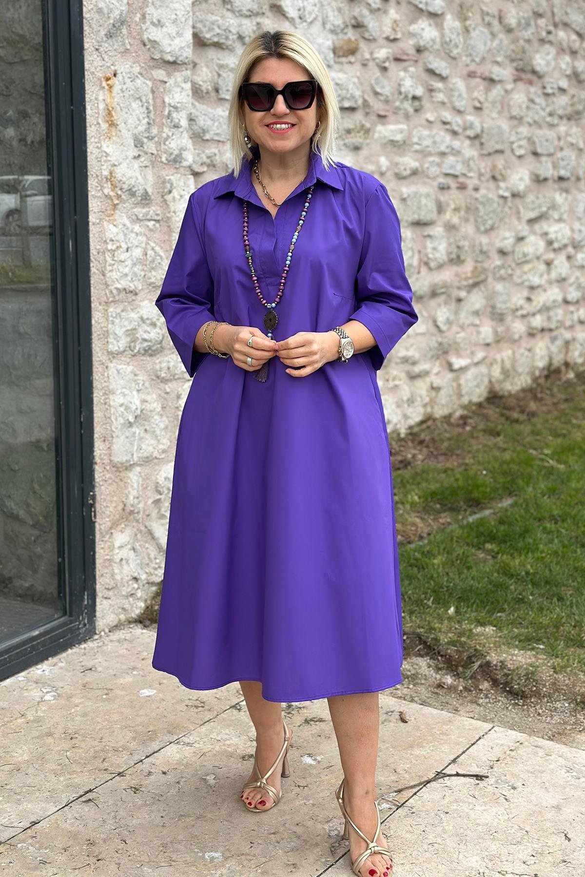 Mor Polo Yaka Salaş Cotton Çift Cepli ElbiseELB2401230-MOR-S