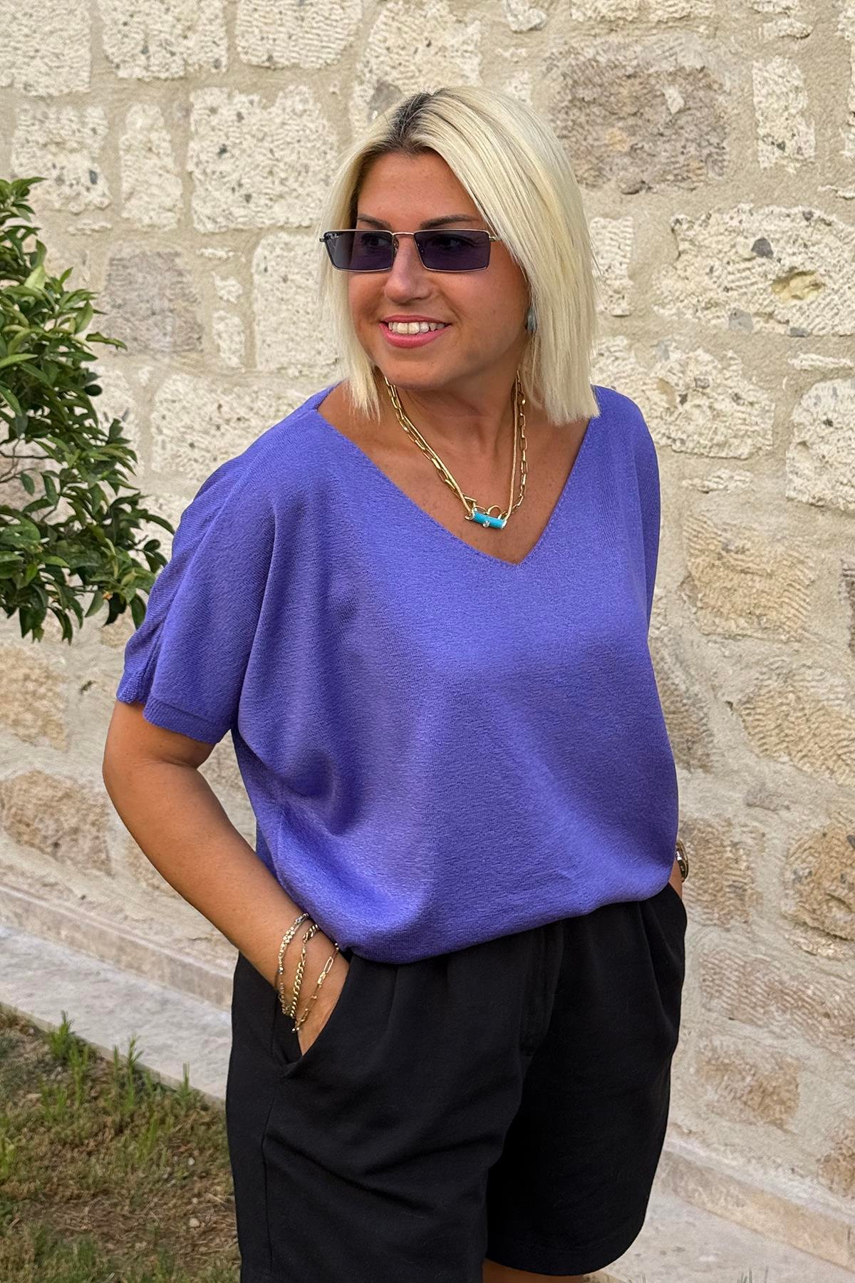 Mor V Yaka Mevsimlik İnce TrikoUK22802012-MOR-STD