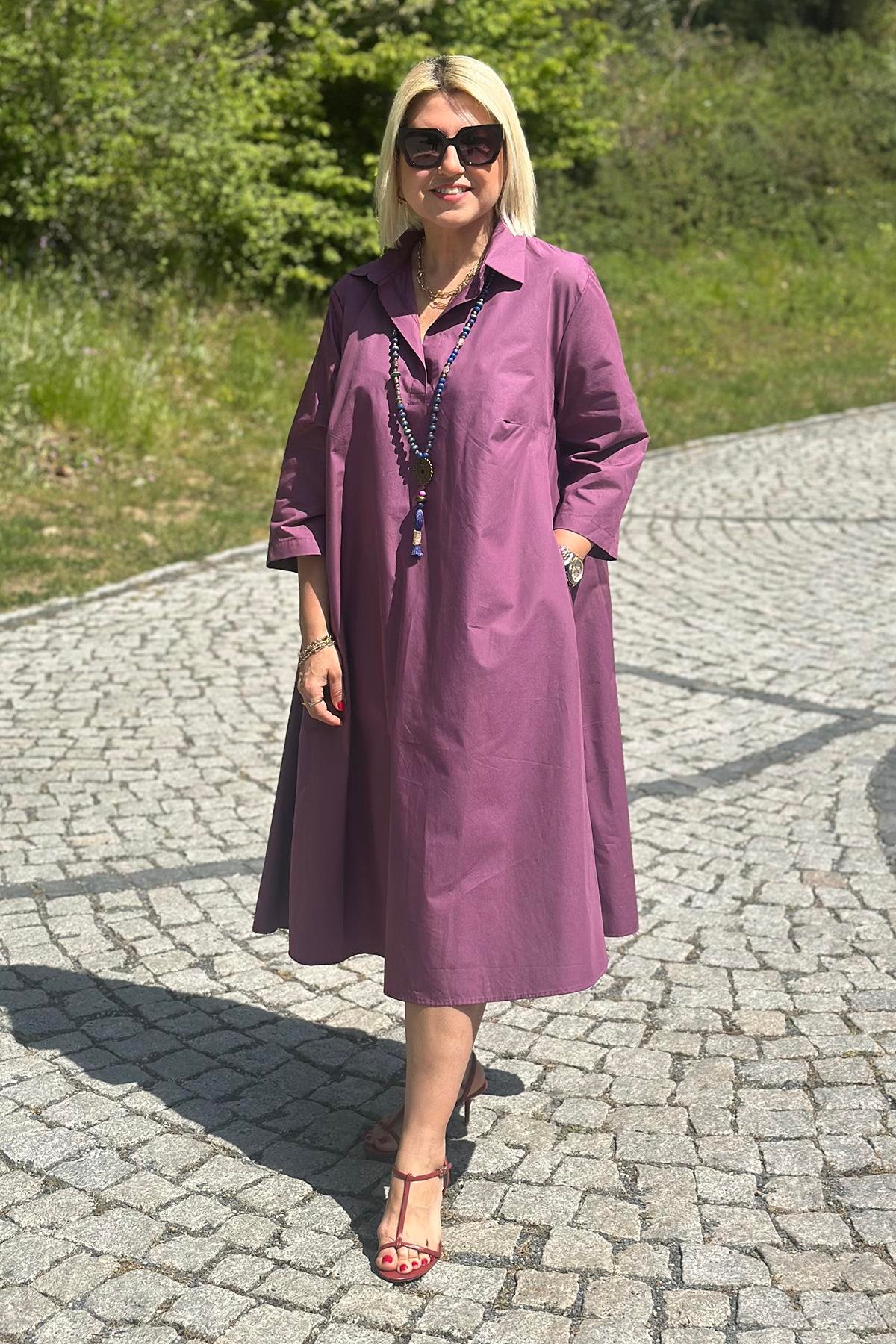 Mürdüm Polo Yaka Salaş Cotton Çift Cepli ElbiseELB2401230-MURDUM-S