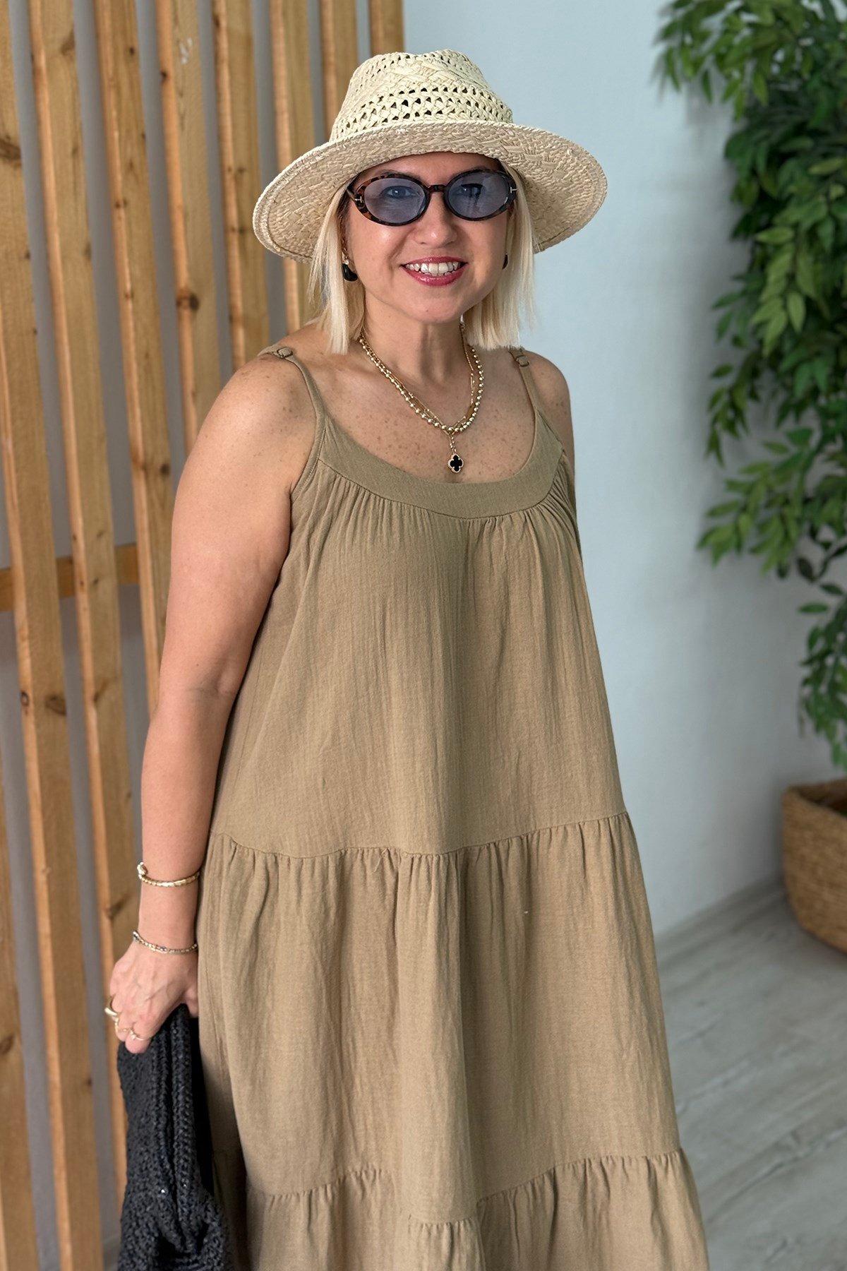 Olive Ayarlanabilir Askılı Pamuk Uzun ElbiseELB26001052-OLIVE-S