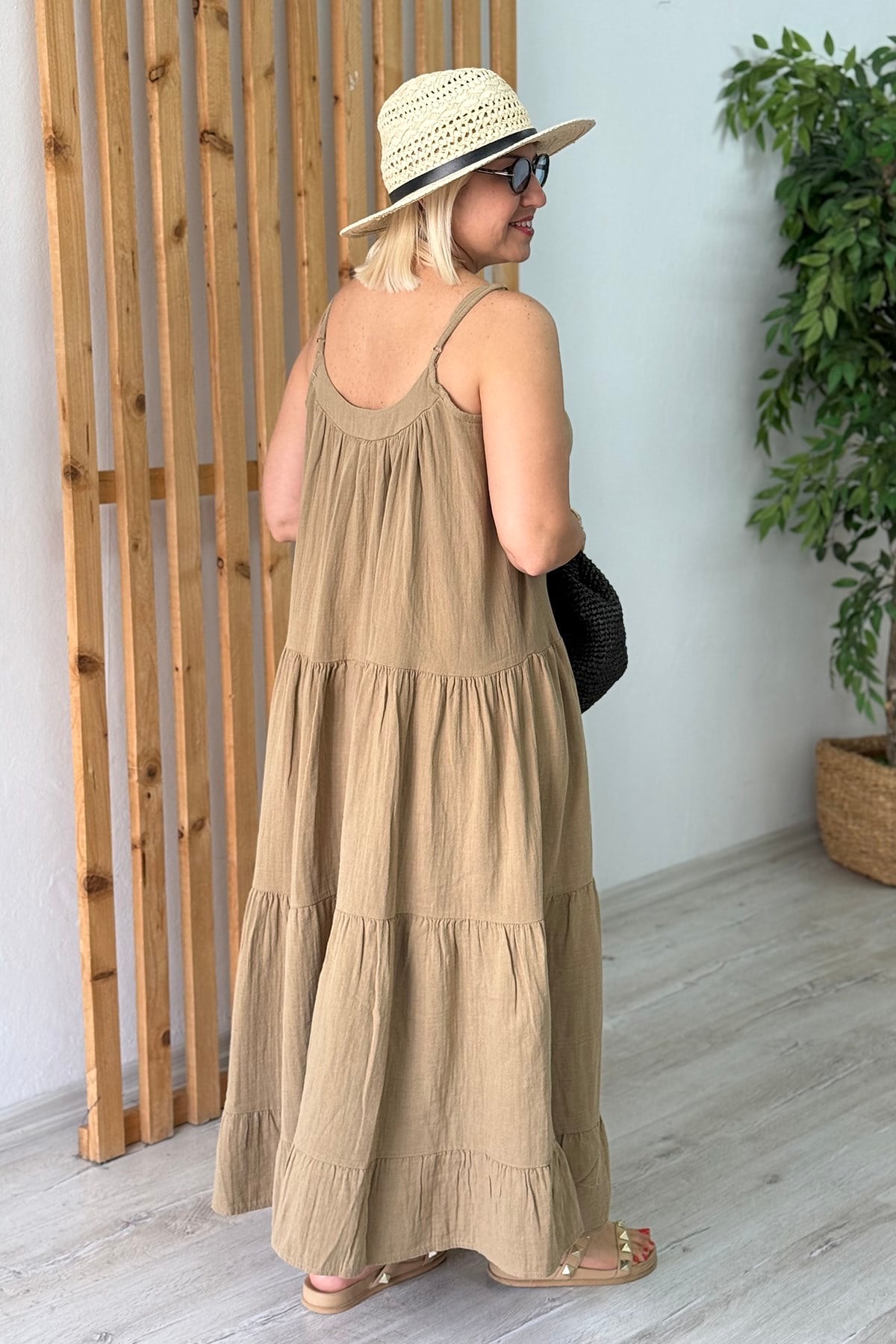 Olive Ayarlanabilir Askılı Pamuk Uzun ElbiseELB26001052-OLIVE-S