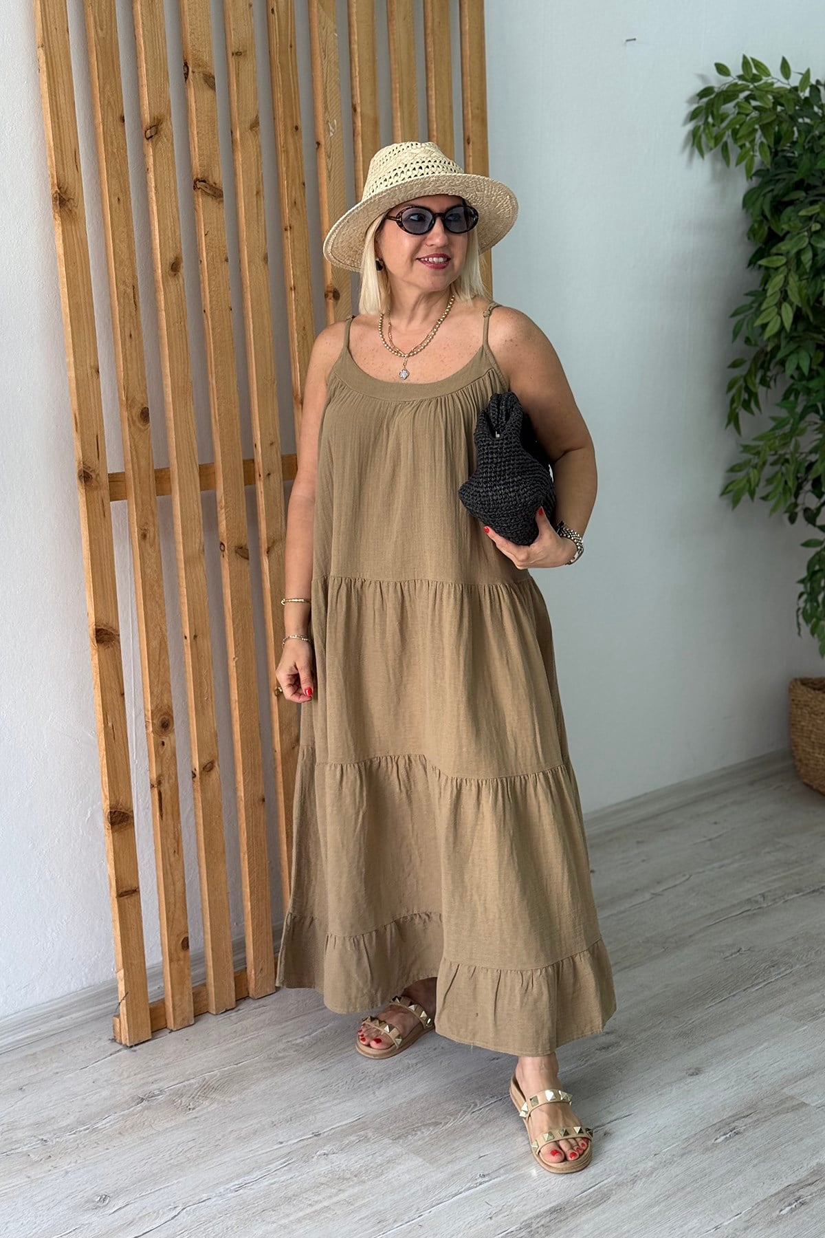 Olive Ayarlanabilir Askılı Pamuk Uzun ElbiseELB26001052-OLIVE-S