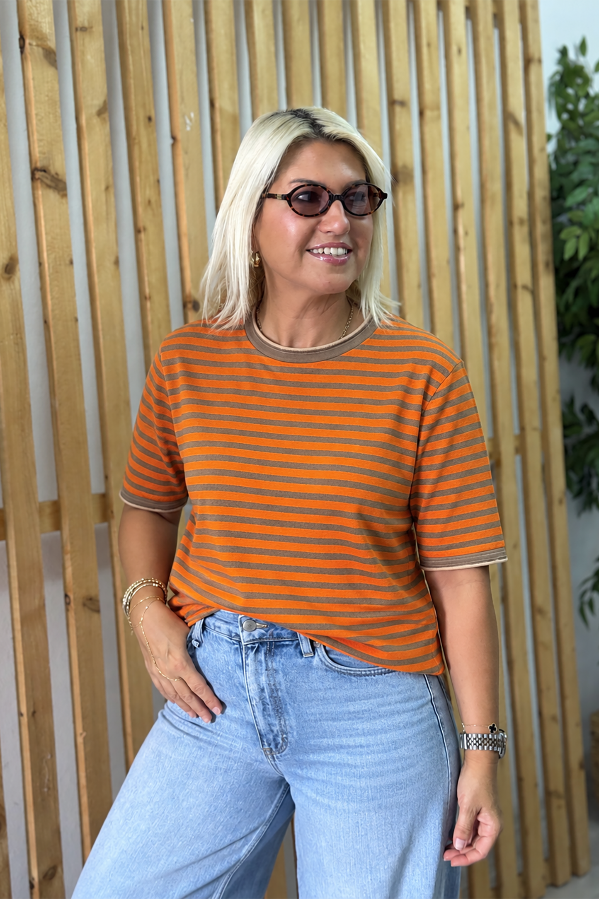 Orange Bisiklet Yaka Çift Renk Çizgili Kısa Kol TrikoUT26001067-ORANGE-STD