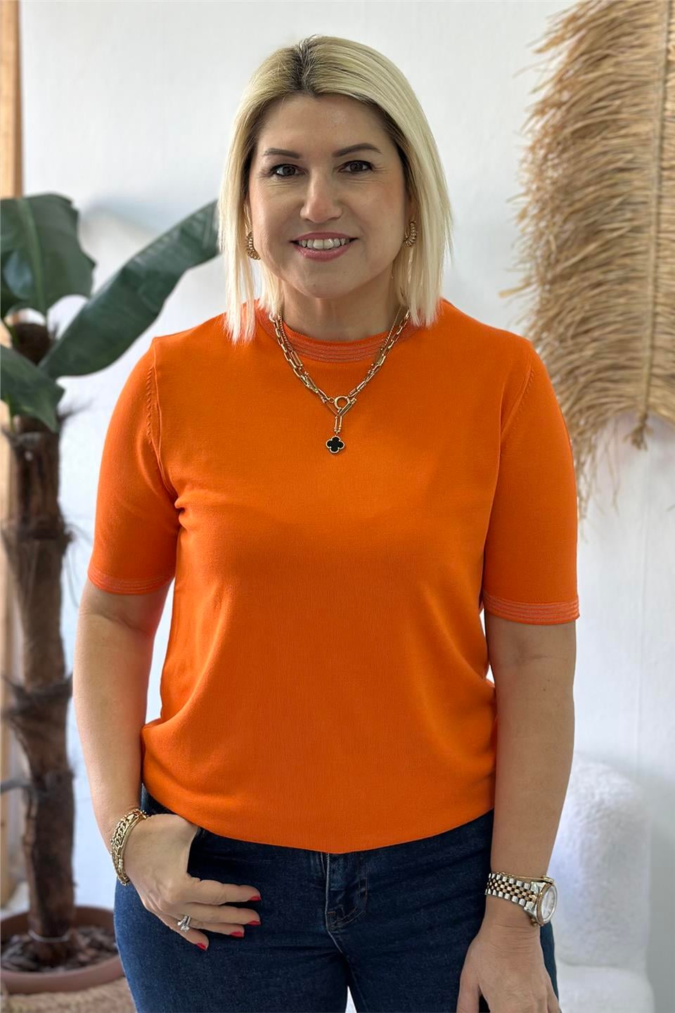 Orange Bisiklet Yaka Kol ve Yaka Tül Biyeli TrikoUT24110972-ORANGE-S