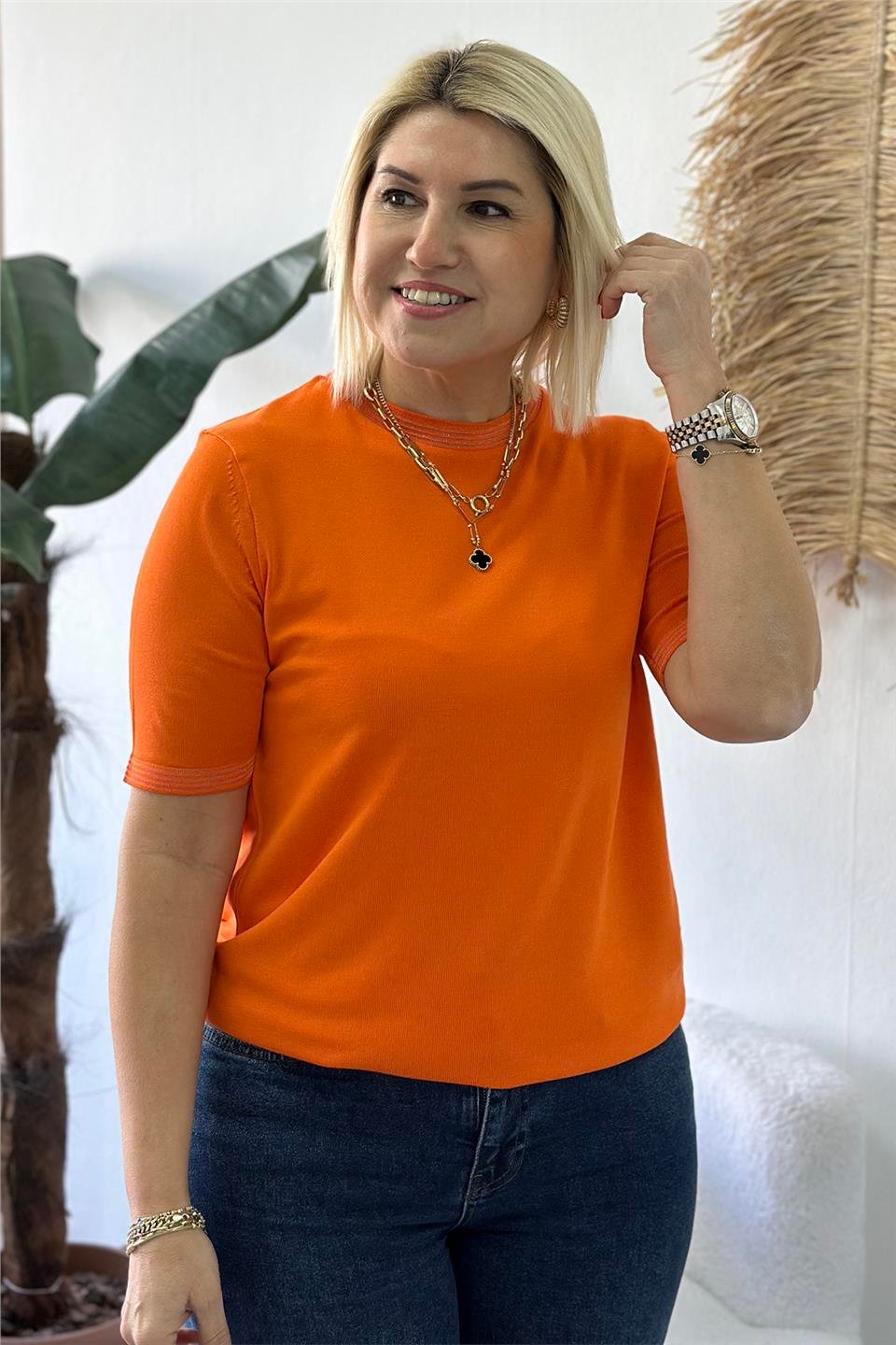 Orange Bisiklet Yaka Kol ve Yaka Tül Biyeli TrikoUT24110972-ORANGE-S