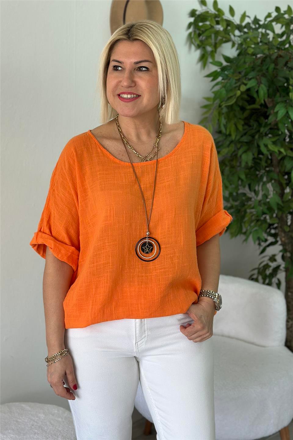 Orange Bisiklet Yaka Kolyeli Keten BluzUBL2412236-ORANGE-STD