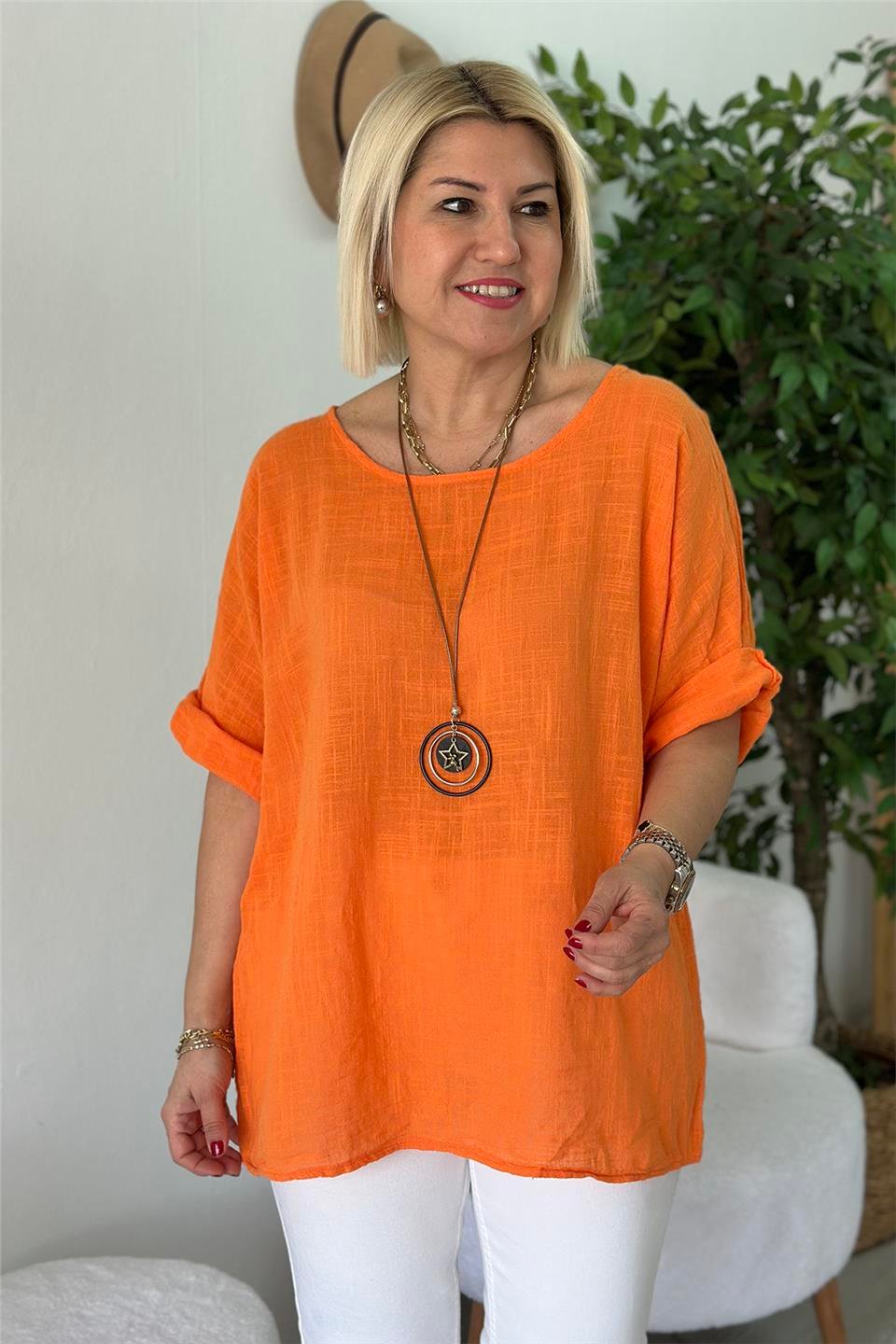Orange Bisiklet Yaka Kolyeli Keten BluzUBL2412236-ORANGE-STD