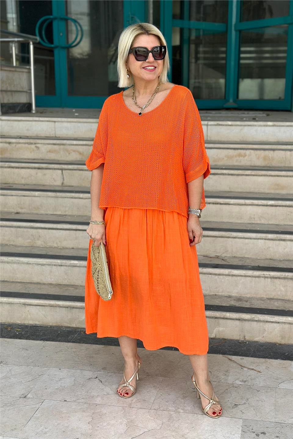 Orange Düz Desen Fileli Keten ElbiseELB2401239-ORANGE-STD