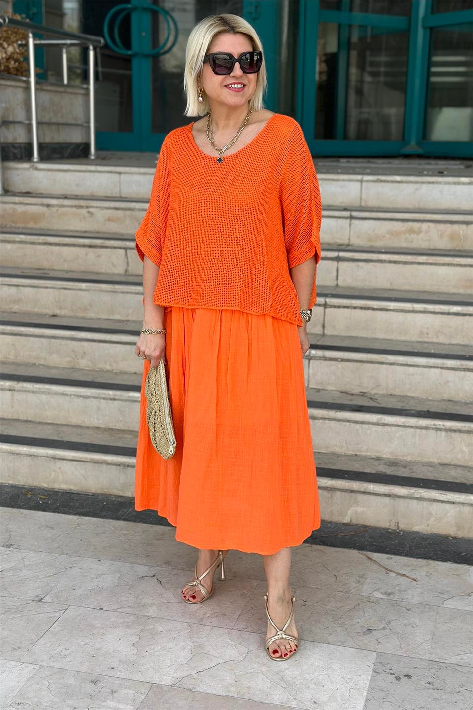 Orange Düz Desen Fileli Keten ElbiseELB2401239-ORANGE-STD