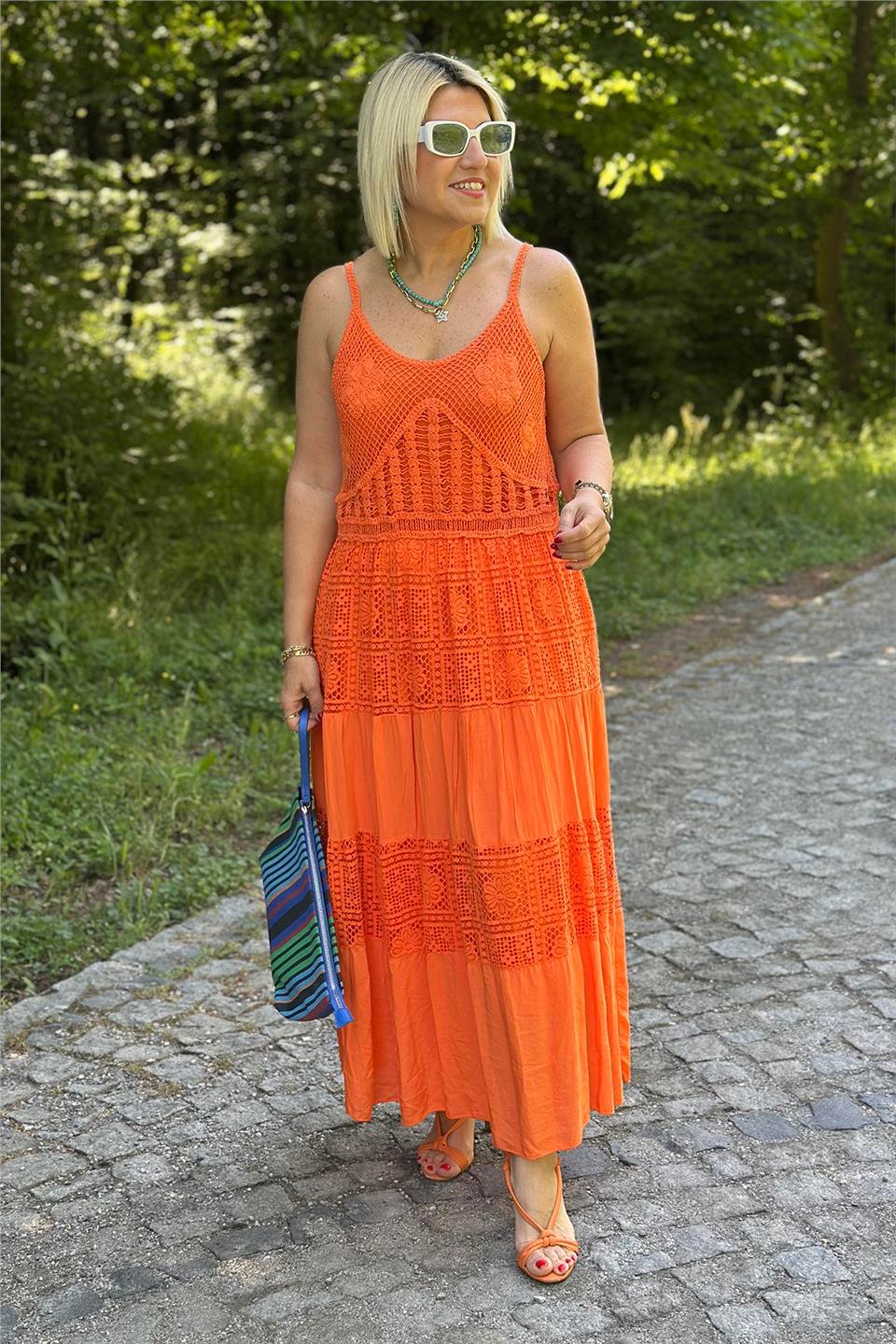 Orange İthal Askılı Beli Lastikli Dantel Fisto ElbiseELB2401267-ORANGE-STD