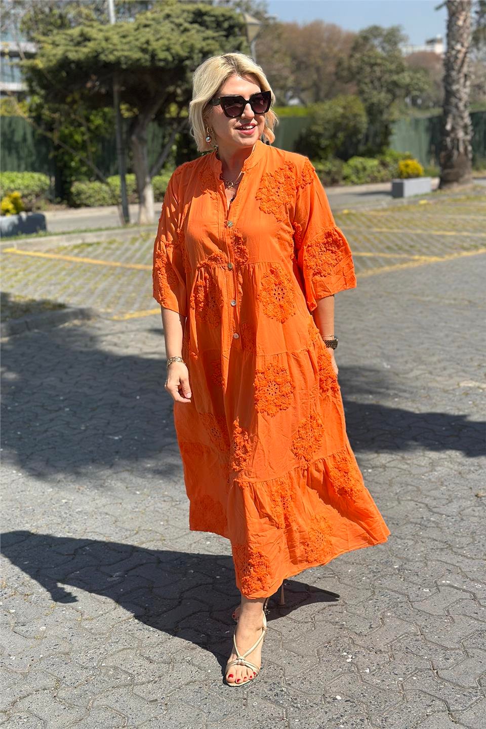 Orange İthal Kabartma Fistolu Pamuklu ElbiseELB2401240-ORANGE-STD