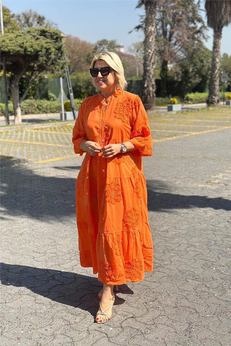 Orange İthal Kabartma Fistolu Pamuklu ElbiseELB2401240-ORANGE-STD