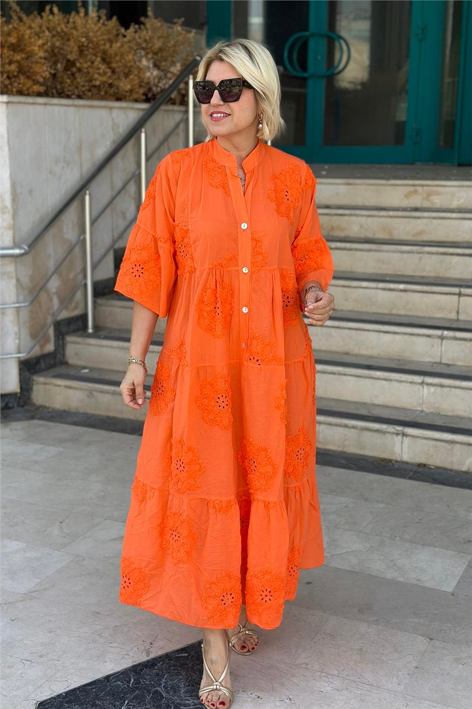 Orange İthal Kabartma Fistolu Pamuklu ElbiseELB2401240-ORANGE-STD