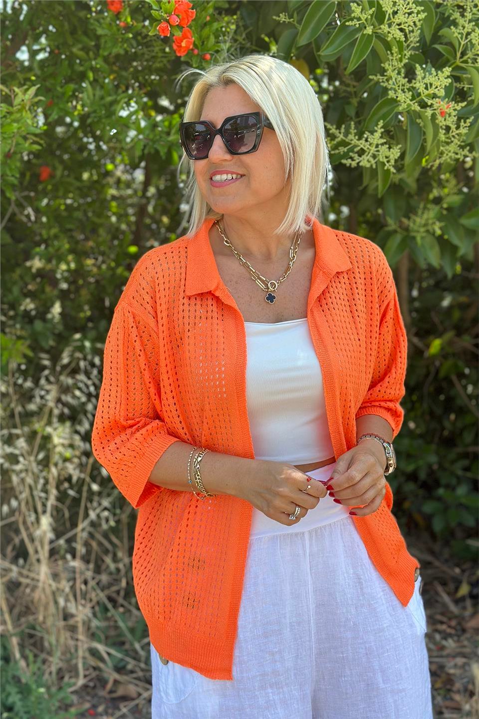 Orange Polo Yaka Yarım Kol File HırkaUH24110932-ORANGE-STD