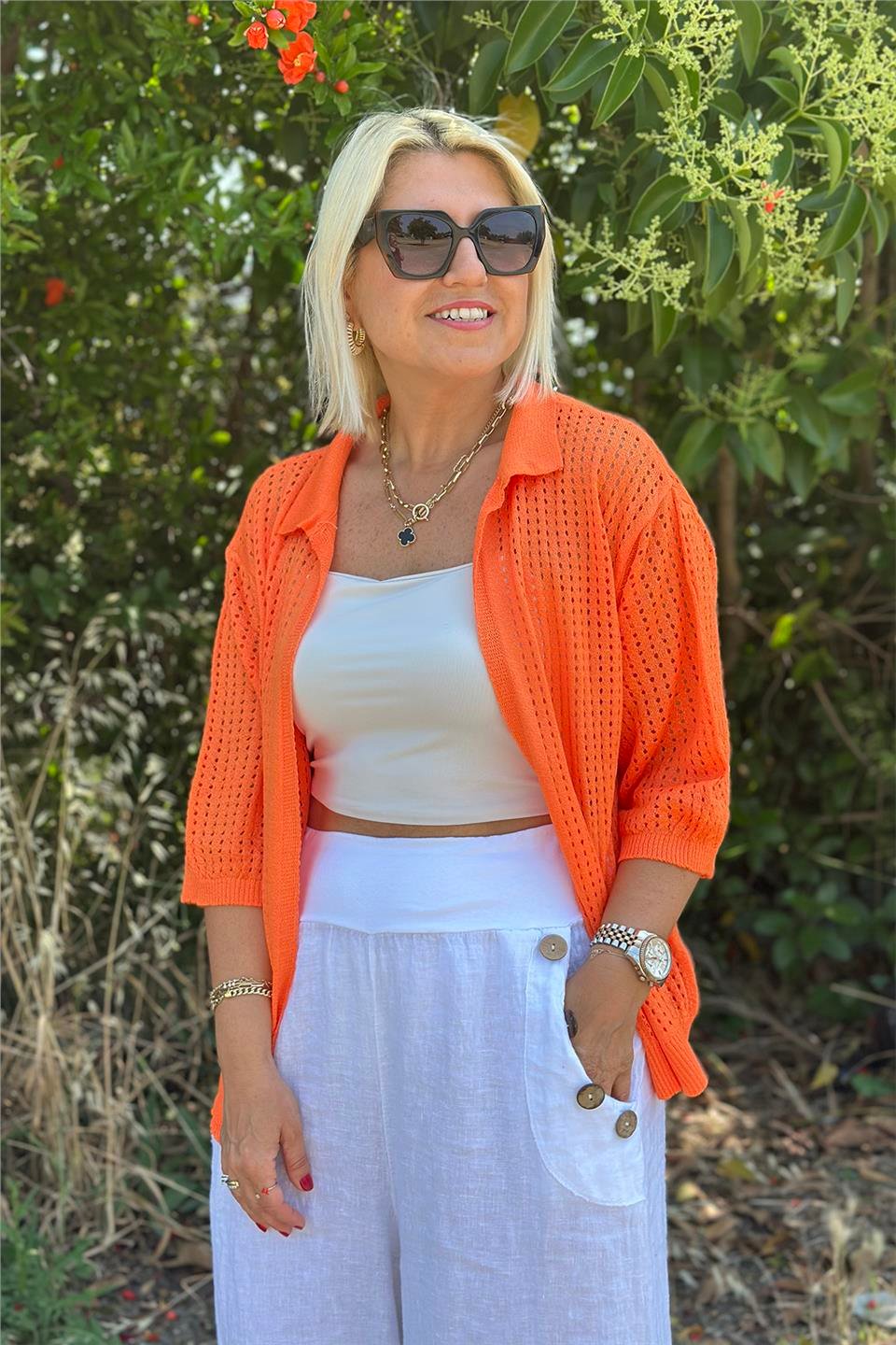 Orange Polo Yaka Yarım Kol File HırkaUH24110932-ORANGE-STD