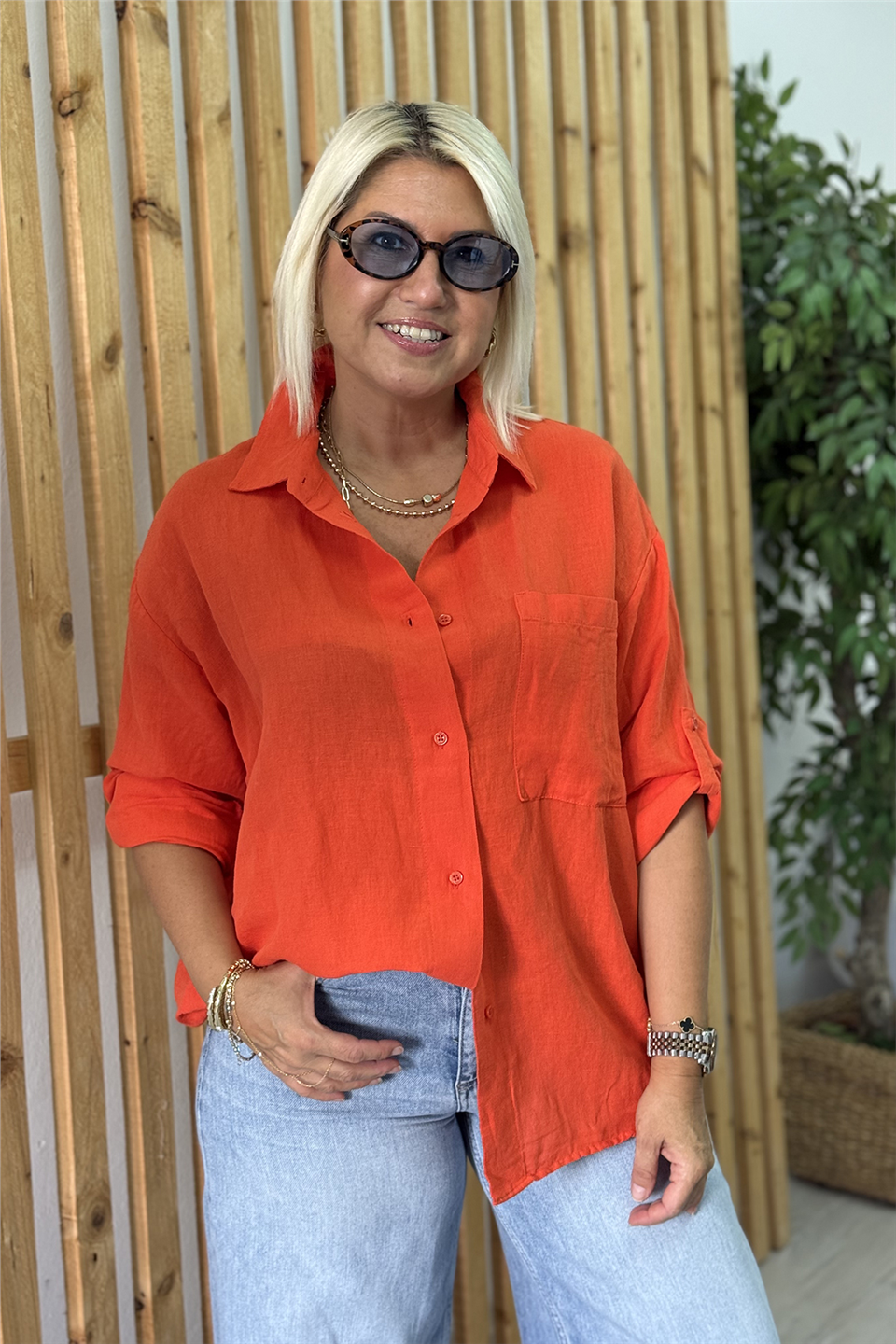 Orange Tek Cepli Düğmeli Pamuk Keten GömlekGM20260051-ORANGE-S